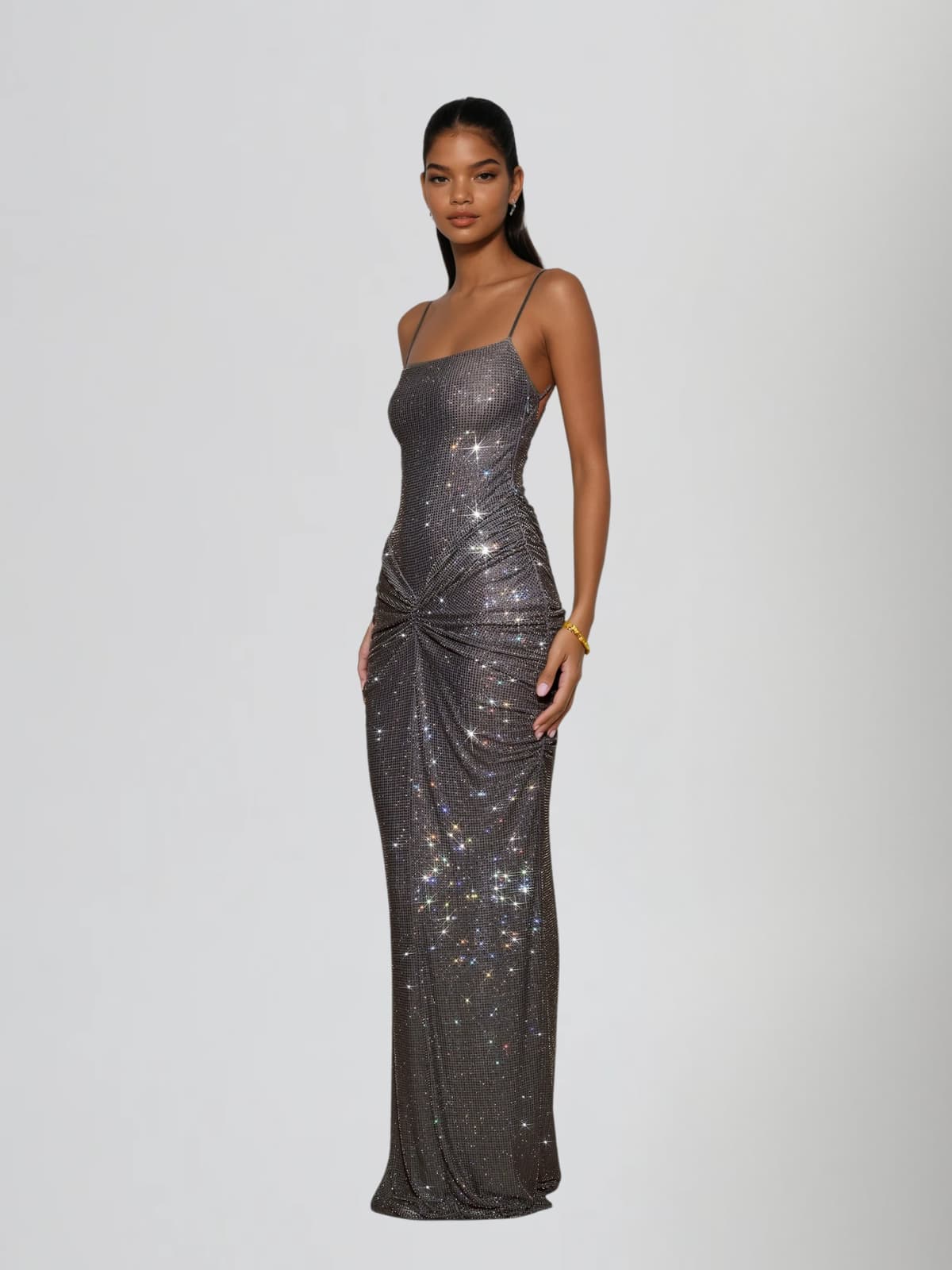 Doliron Spaghetti Twisted Rhinestone Maxi Dress