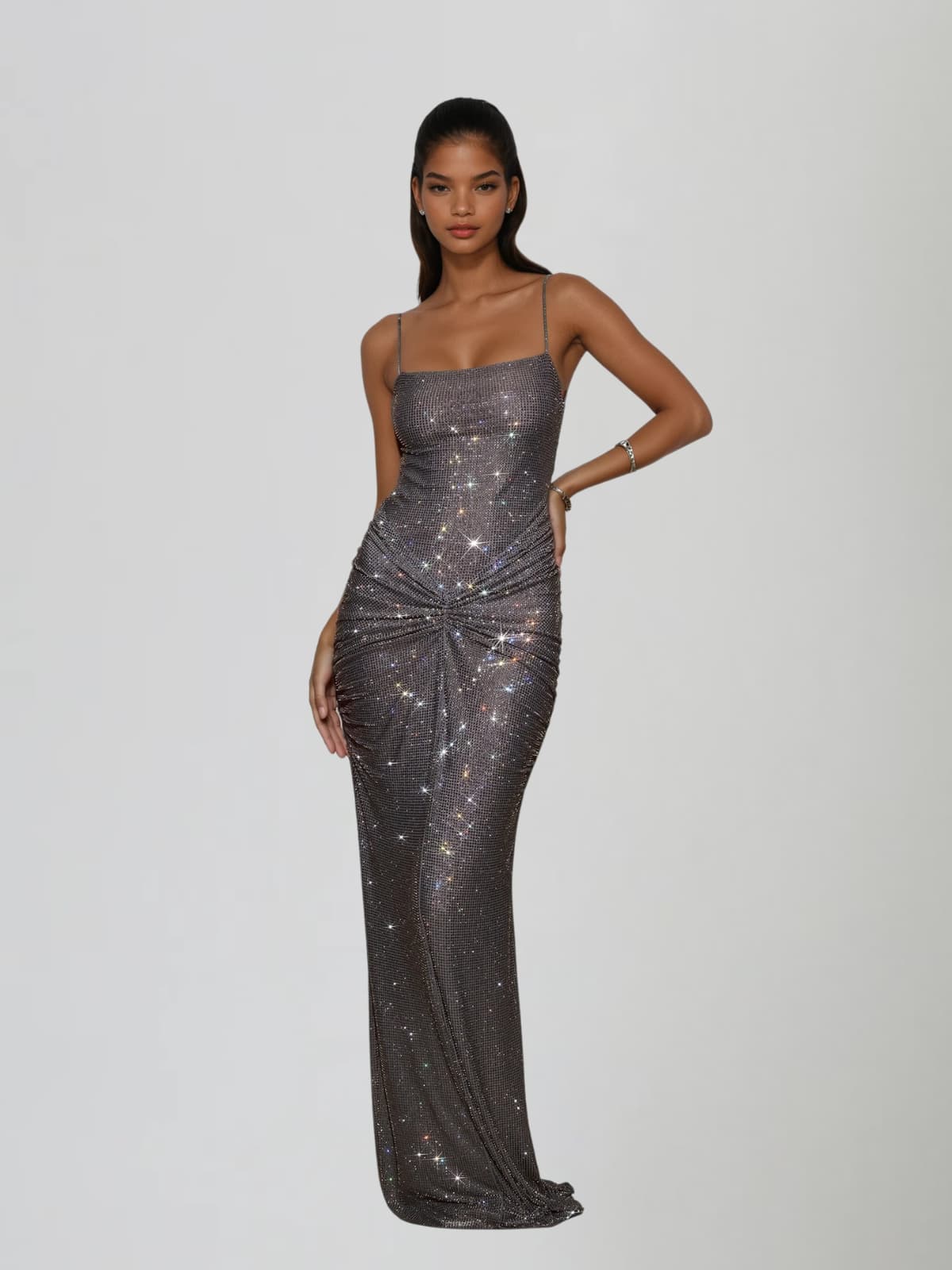 Doliron Spaghetti Twisted Rhinestone Maxi Dress