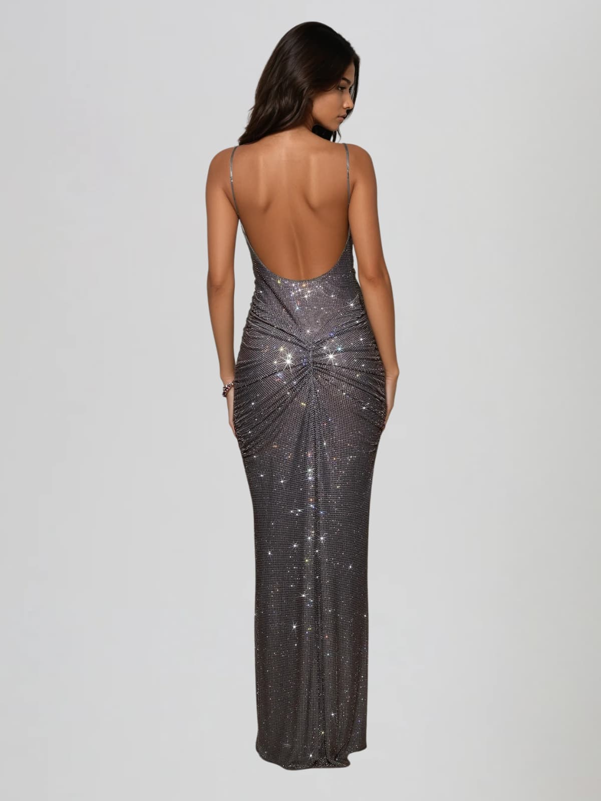 Doliron Spaghetti Twisted Rhinestone Maxi Dress
