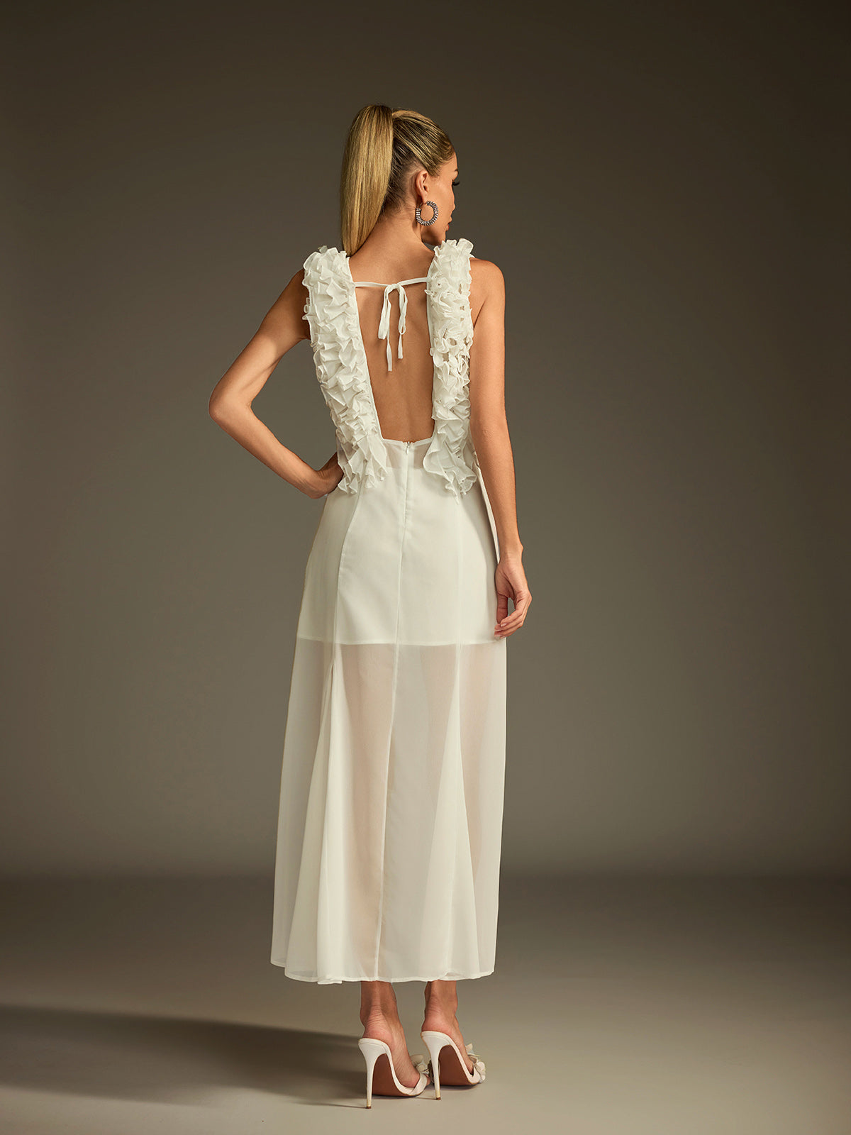 Dolomir Plunge Neck Ruffle Mesh Midi Dress