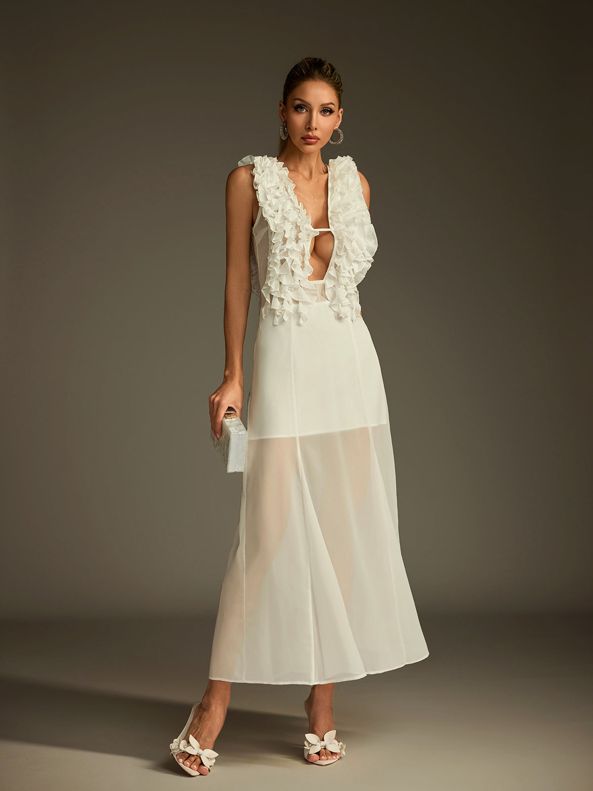 Dolomir Plunge Neck Ruffle Mesh Midi Dress