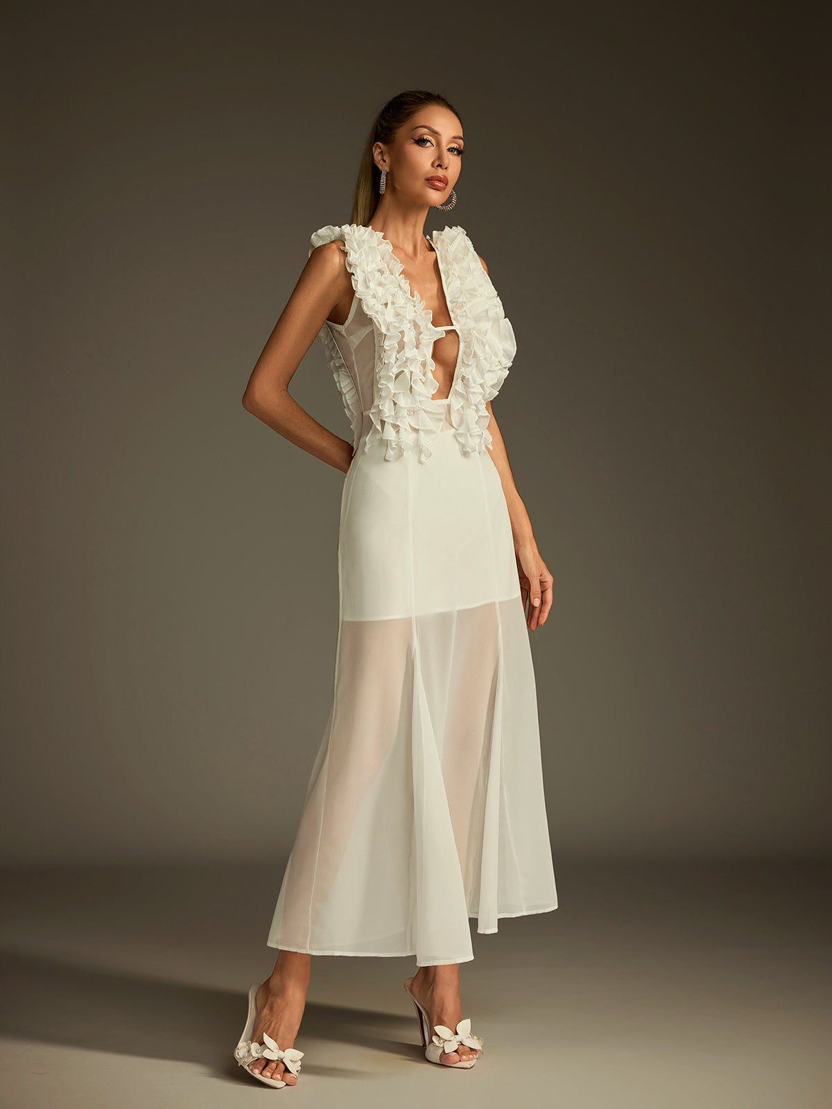 Dolomir Plunge Neck Ruffle Mesh Midi Dress