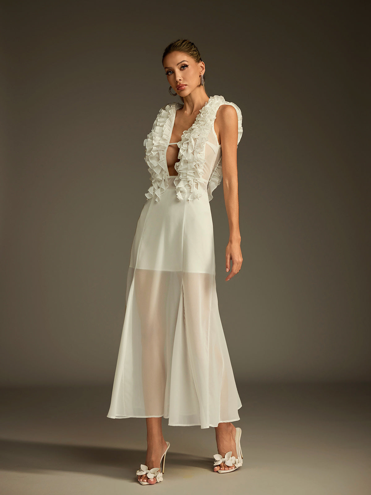 Dolomir Plunge Neck Ruffle Mesh Midi Dress