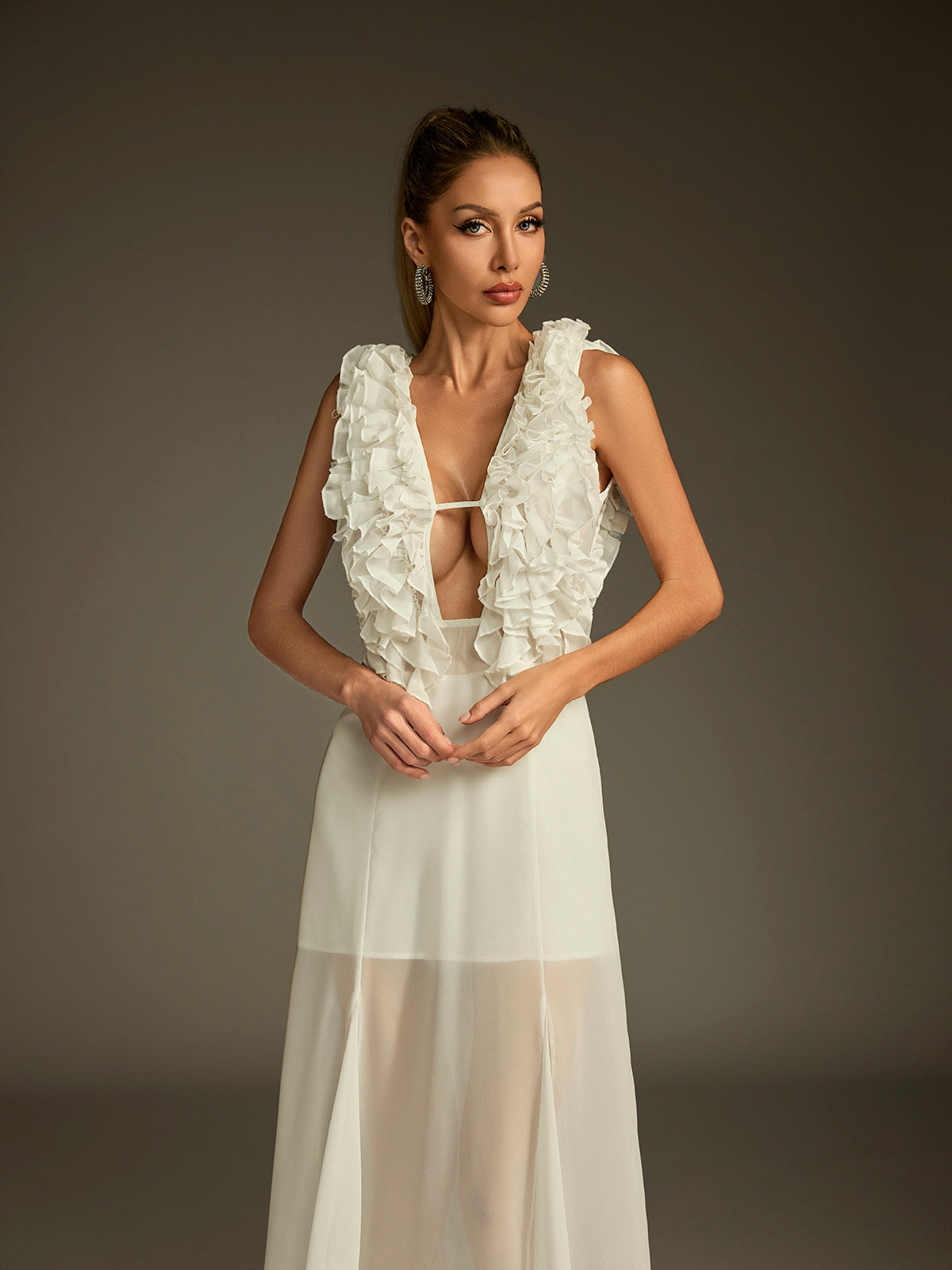Dolomir Plunge Neck Ruffle Mesh Midi Dress