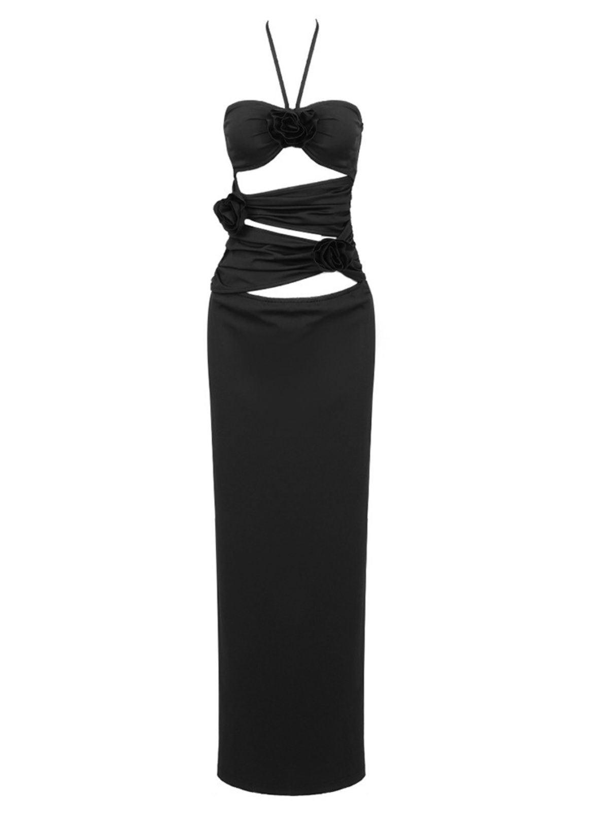 Dorcas Halterneck Cutout Maxi Dress in Black with elegant flower embellishments and a flowing maxi design.