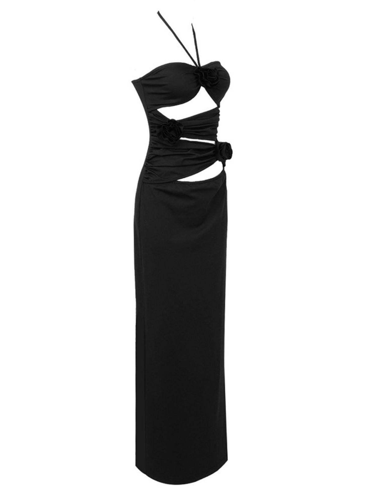 Dorcas Halterneck Cutout Maxi Dress in Black with elegant flower embellishments and a flowing maxi design.