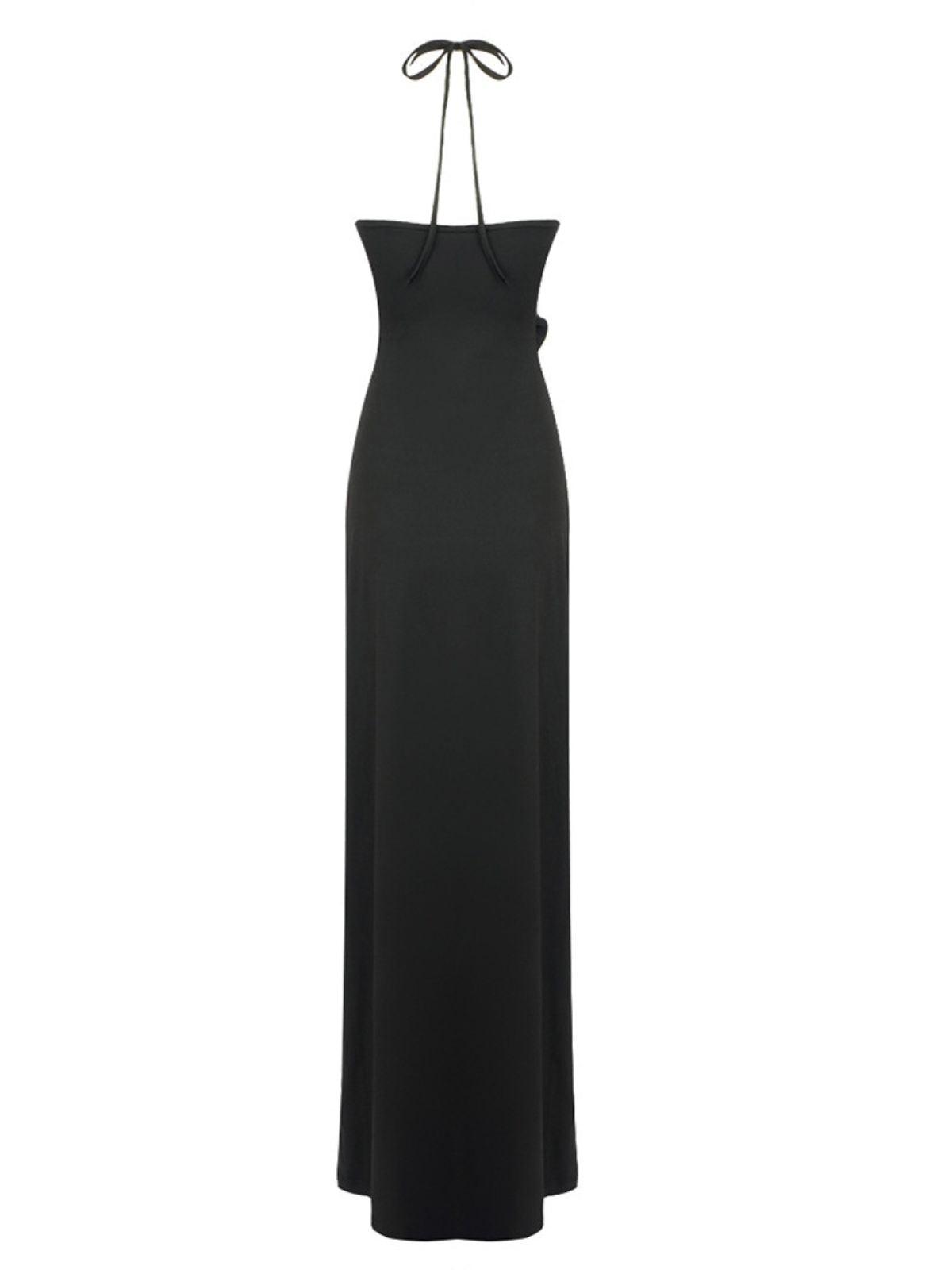 Dorcas Halterneck Cutout Maxi Dress in Black with elegant flower embellishments and a flowing maxi design.