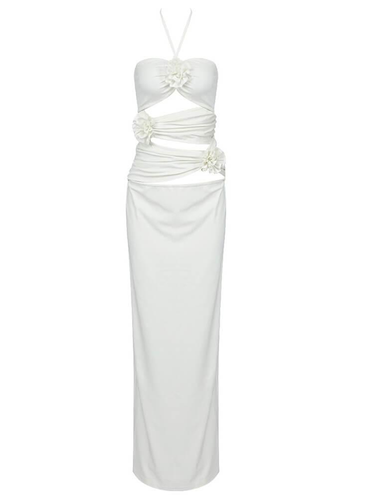 The Dorcas Halterneck Cutout Midi Dress in white, featuring elegant cutouts and a stylish design perfect for formal wear.