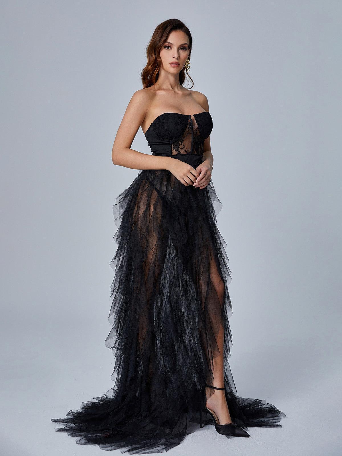 Stunning black Dorothy Tulle Maxi Dress featuring a tiered skirt and strapless design, perfect for evening wear and special occasions.