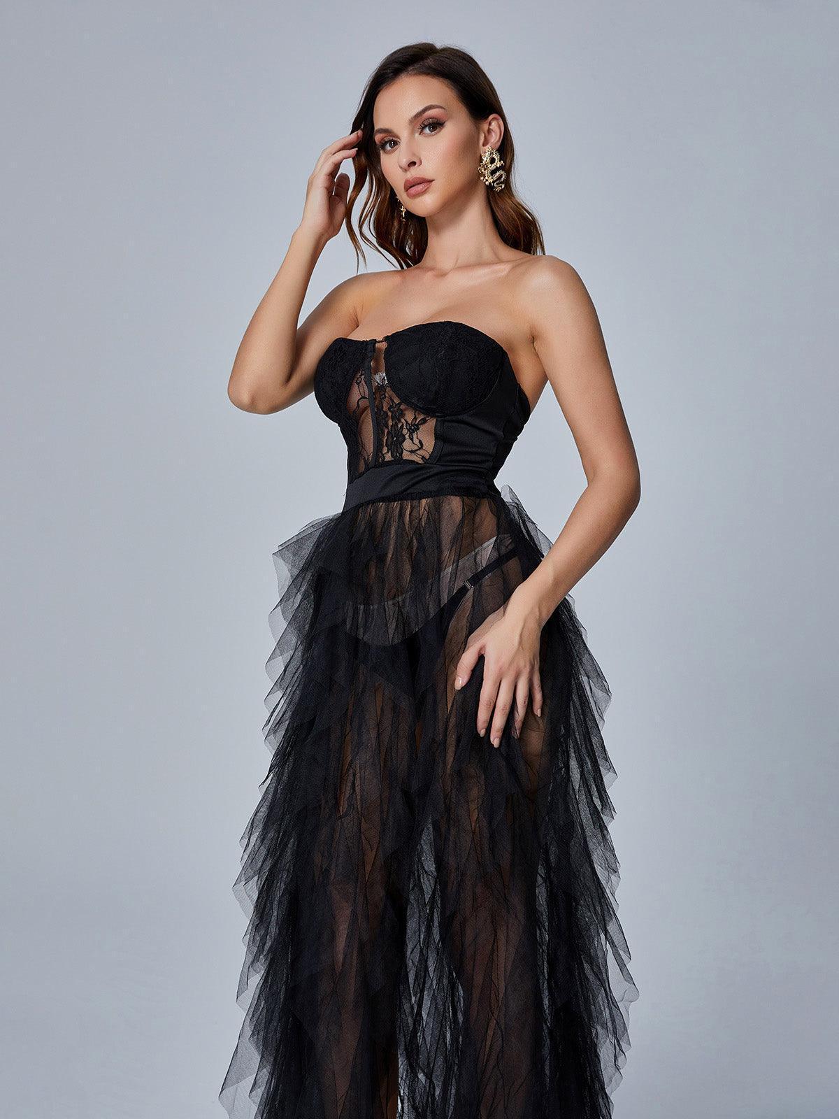 Stunning black Dorothy Tulle Maxi Dress featuring a tiered skirt and strapless design, perfect for evening wear and special occasions.