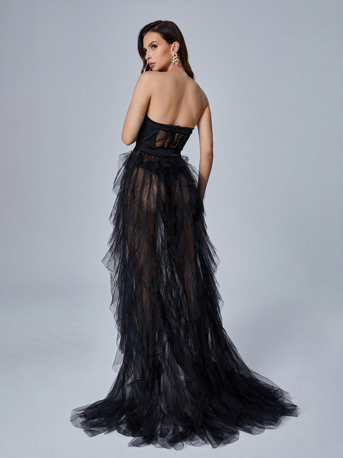 Stunning black Dorothy Tulle Maxi Dress featuring a tiered skirt and strapless design, perfect for evening wear and special occasions.