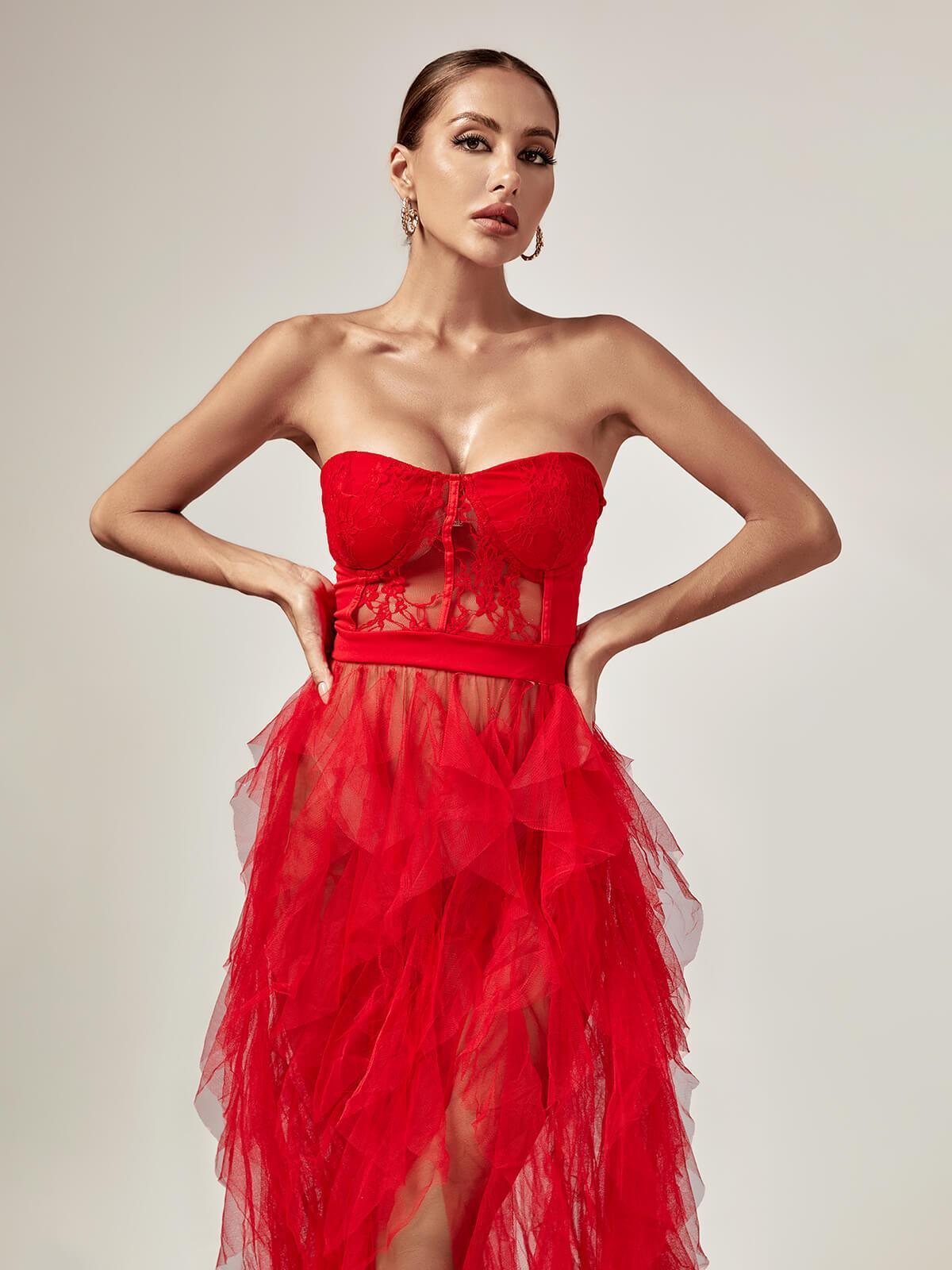 Back view of the Dorothy Tulle Maxi Dress in red, highlighting the flattering ruched design.