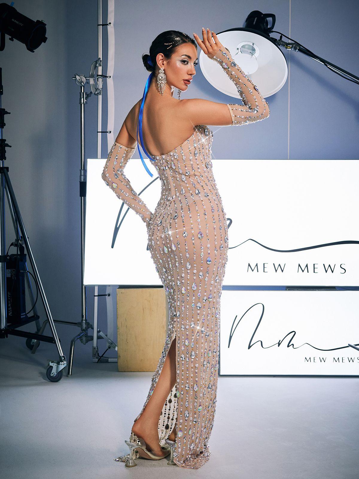 Douglas Strapless Rhinestone Maxi Dress in nude with matching gloves, perfect for elegant occasions.