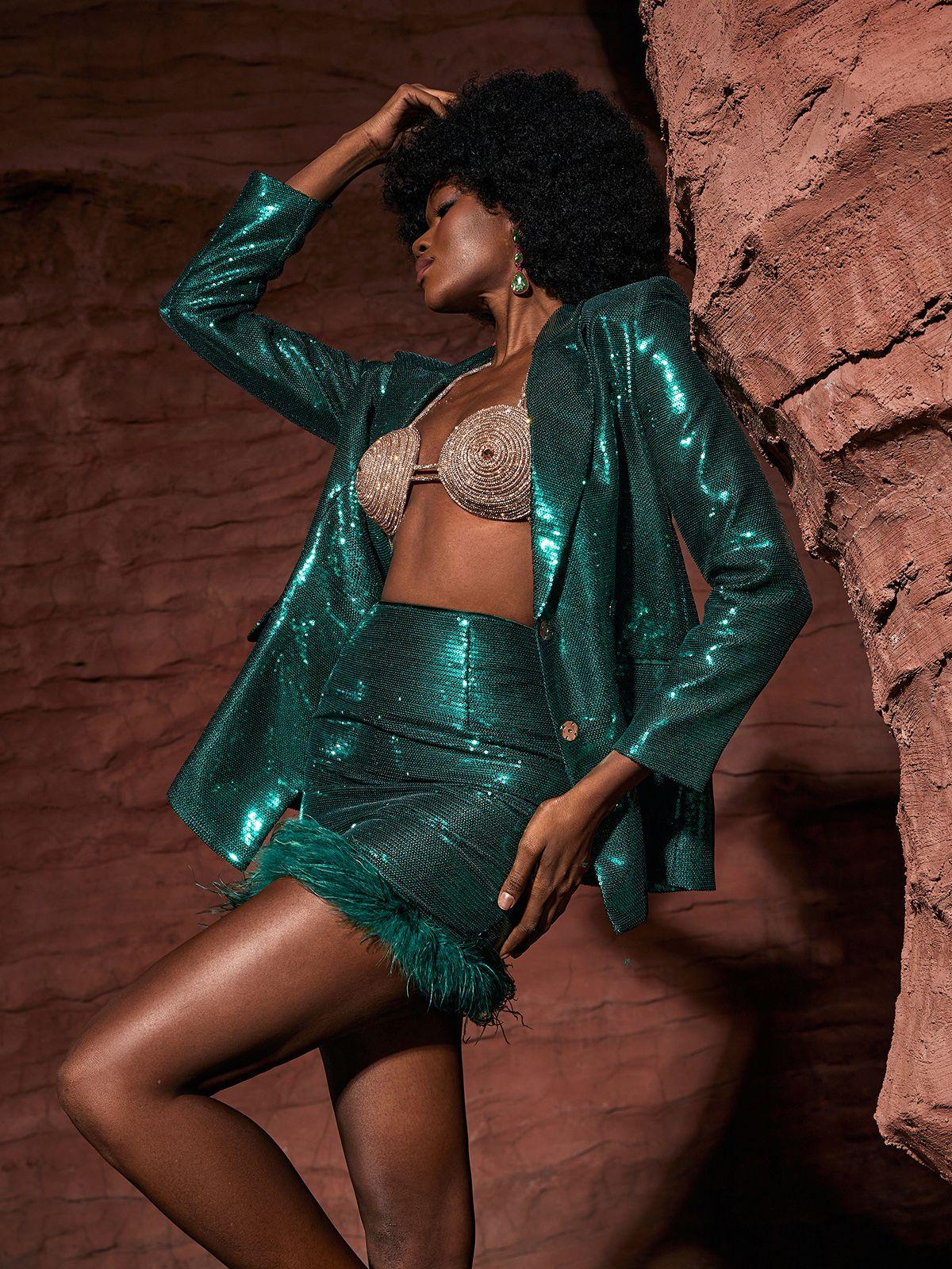Dovie Sequin Blazer Set featuring feather detailing, perfect for a glamorous night out.
