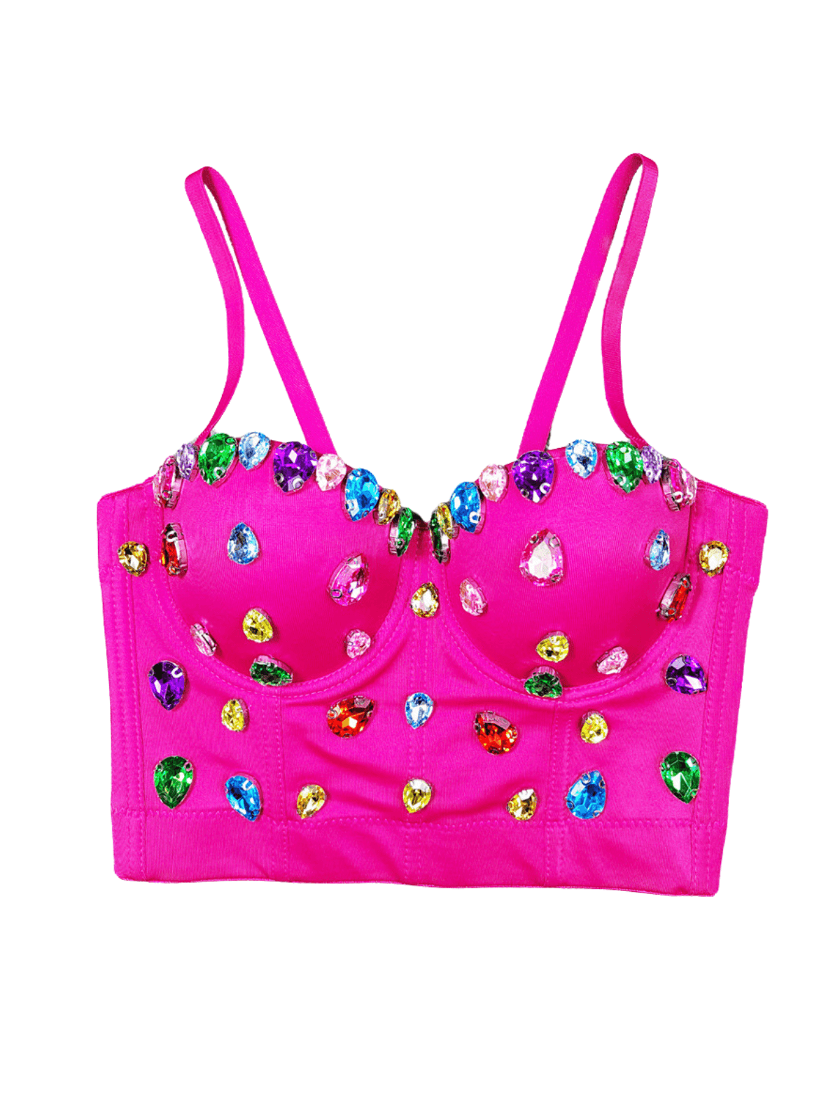 Draco Embellished Top in Hot Pink with rhinestones and spaghetti straps, perfect for a chic summer look.
