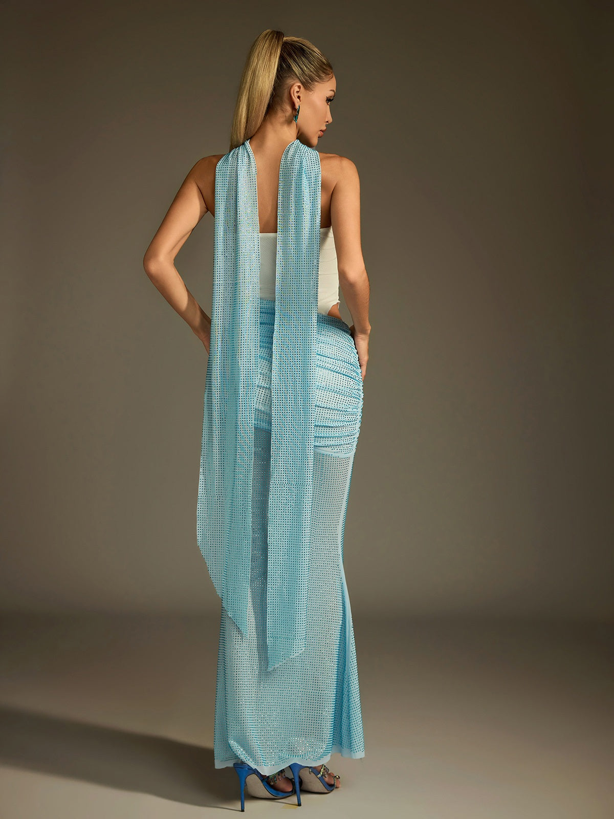 Drakolith Rhinestone Scarf Mesh Maxi Dress