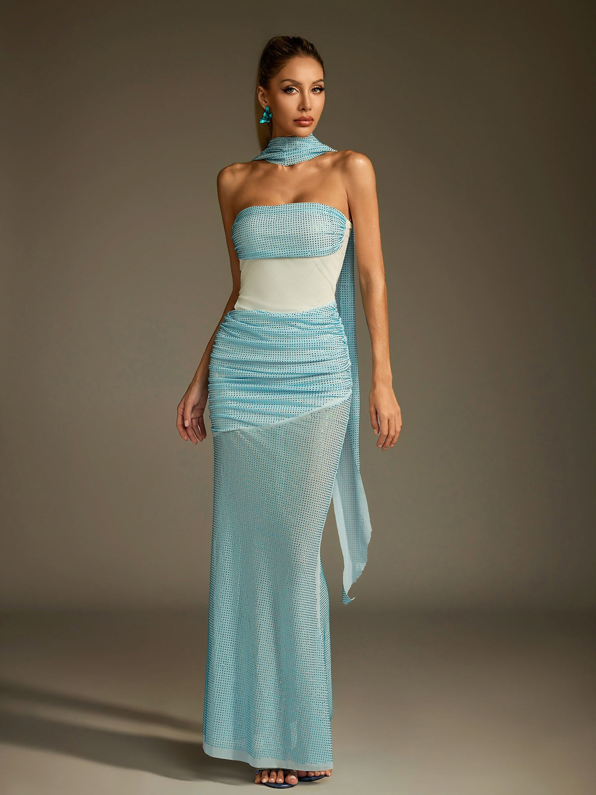 Drakolith Rhinestone Scarf Mesh Maxi Dress