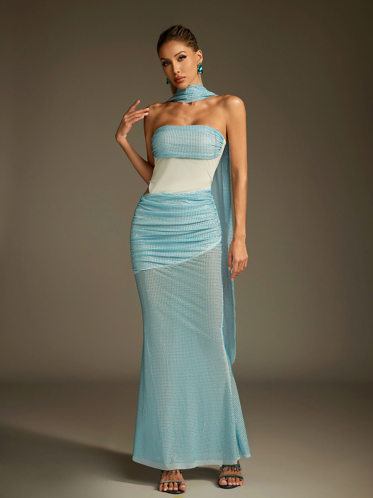 Drakolith Rhinestone Scarf Mesh Maxi Dress