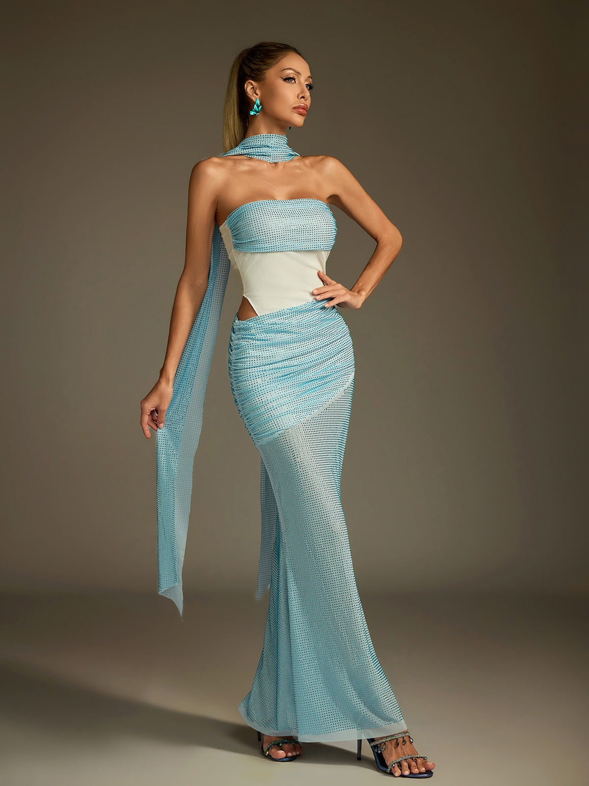 Drakolith Rhinestone Scarf Mesh Maxi Dress
