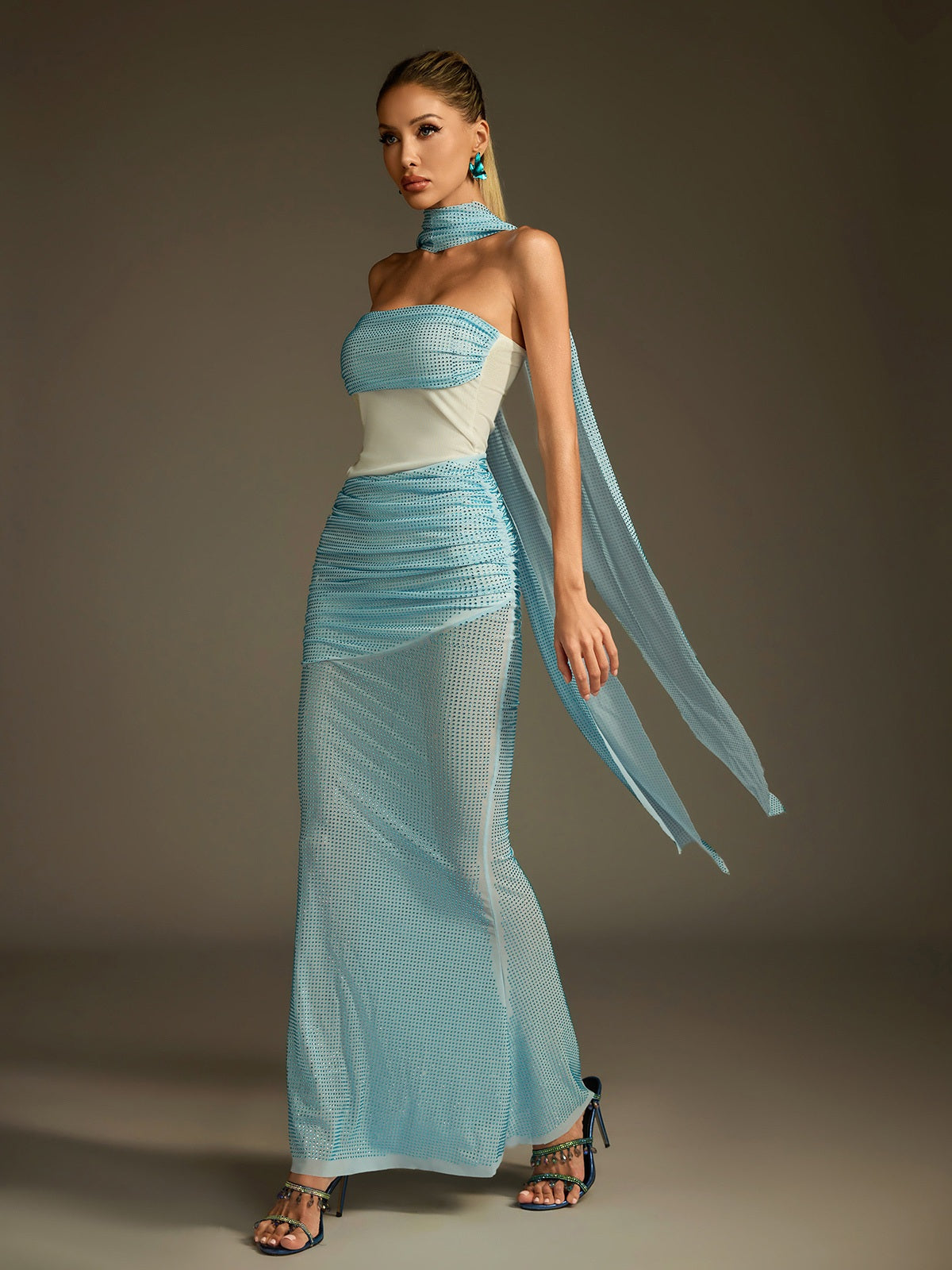 Drakolith Rhinestone Scarf Mesh Maxi Dress