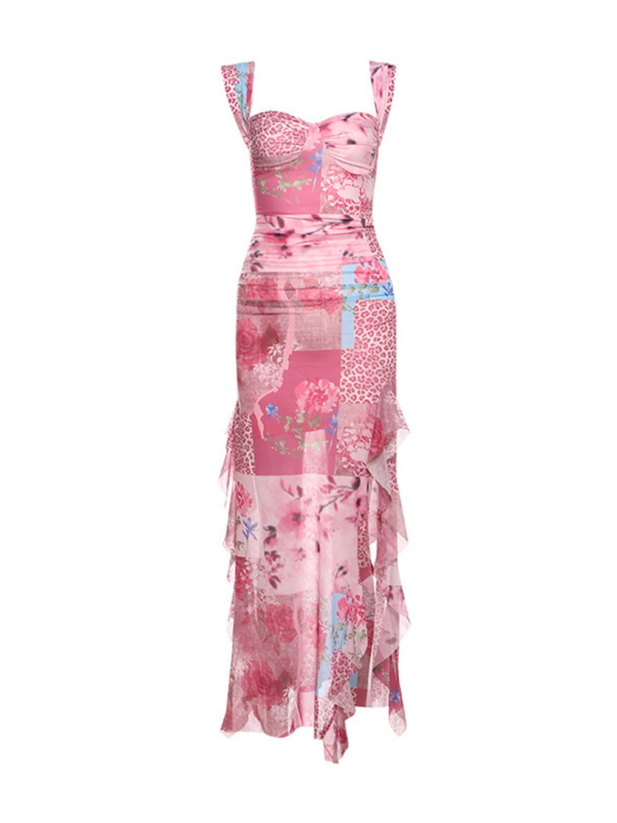 Drazion Ruched Floral Leopard Split Midi Dress