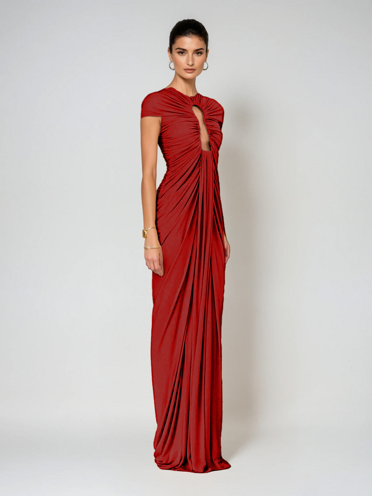 Drosyne Cutout Ruched Draped Maxi Dress In Red