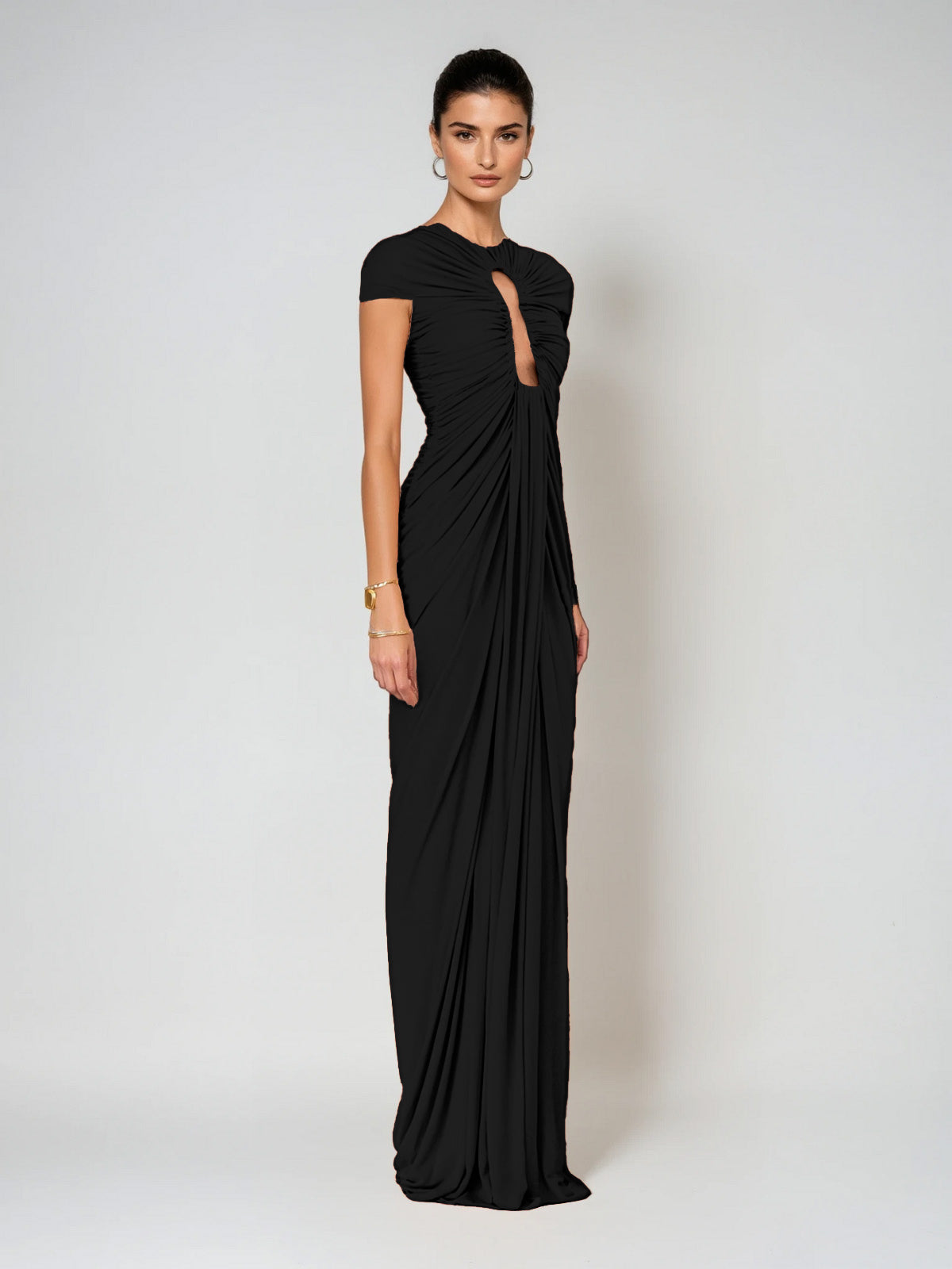 Drosyne Cutout Ruched Draped Maxi Dress In Black