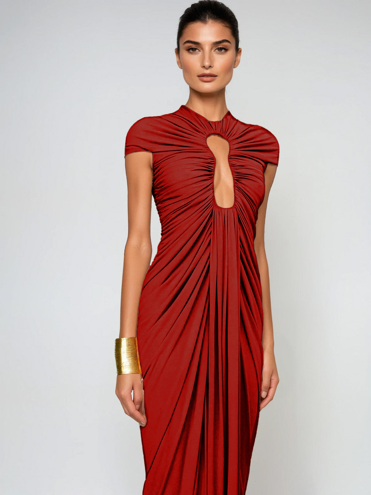 Drosyne Cutout Ruched Draped Maxi Dress In Red