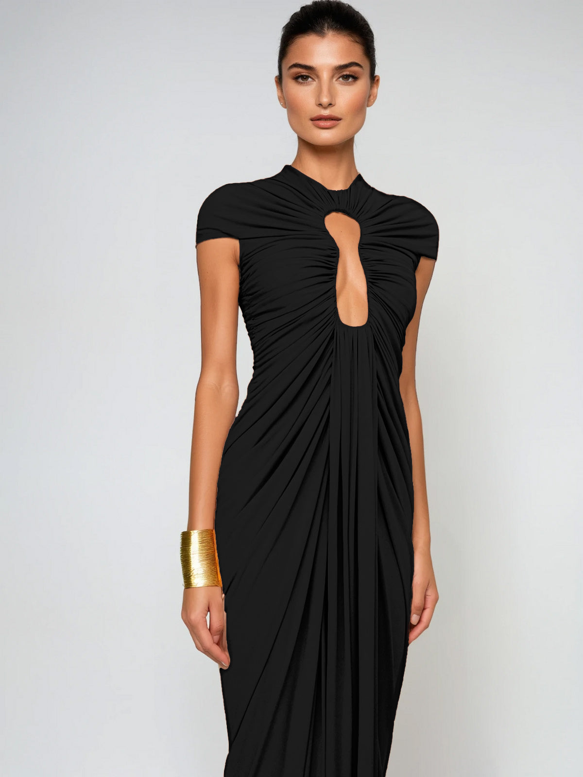 Drosyne Cutout Ruched Draped Maxi Dress In Black