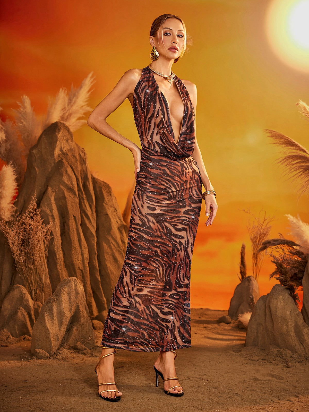 Drynna Cowl Neck Zebra Maxi Dress