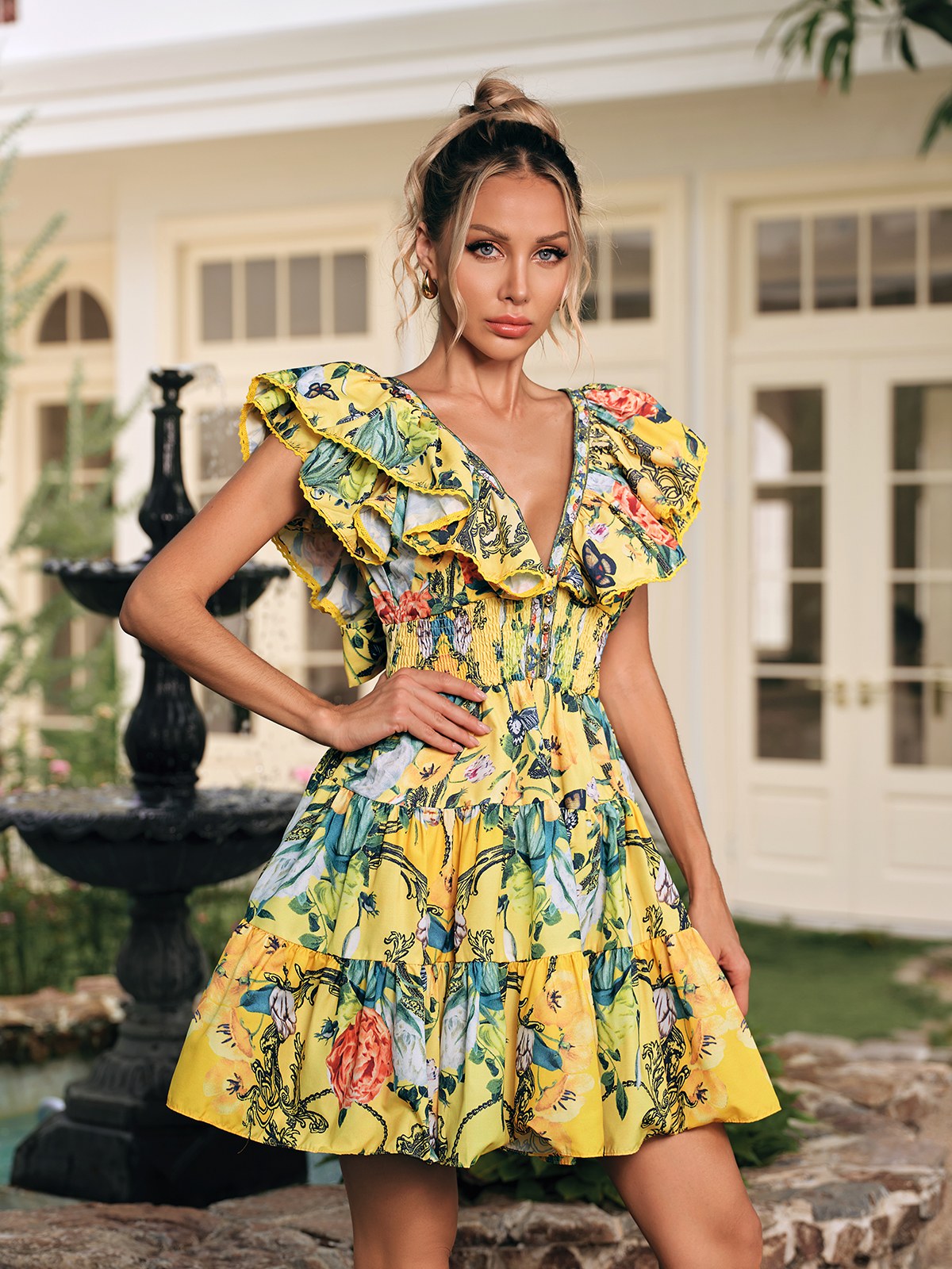 Dryon V Neck Ruffle Printed Mini Dress