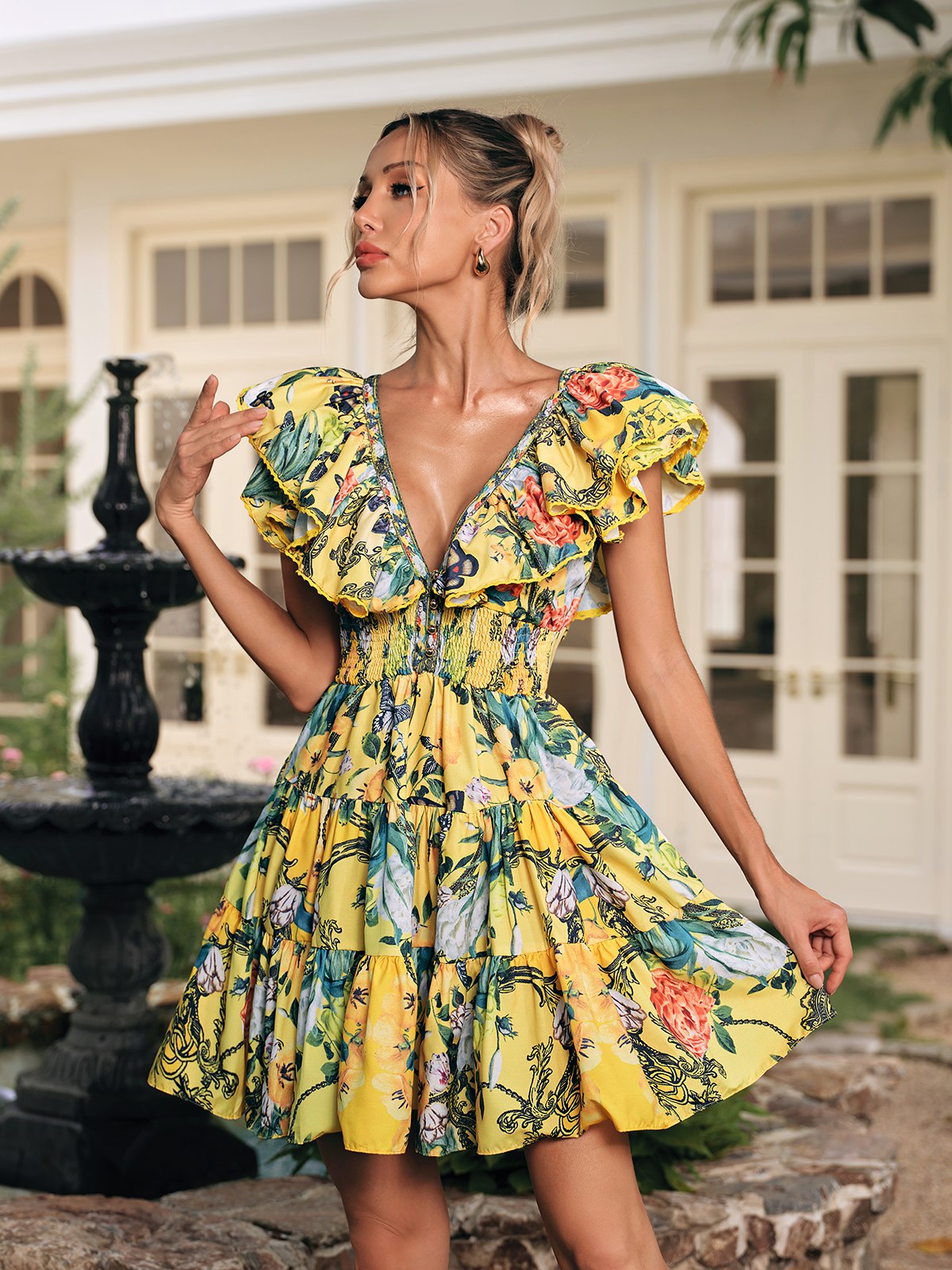 Dryon V Neck Ruffle Printed Mini Dress