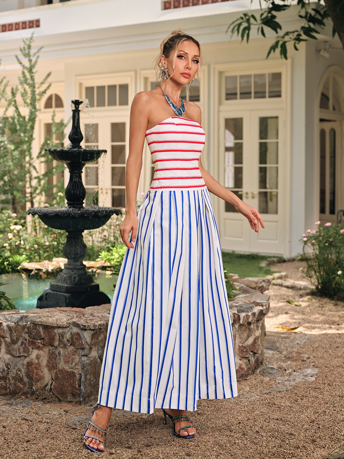 Drythos Strapless Stripe Maxi Dress