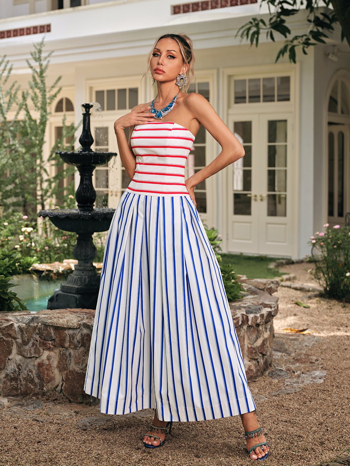 Drythos Strapless Stripe Maxi Dress