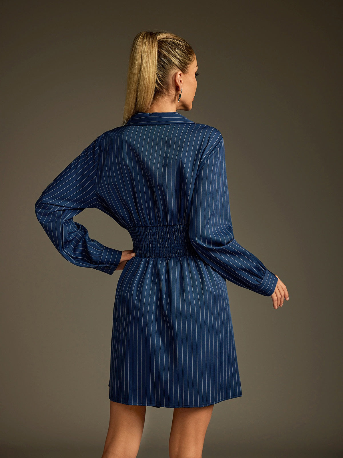 Dunite Folded Collar Stripe Mini Shirt Dress
