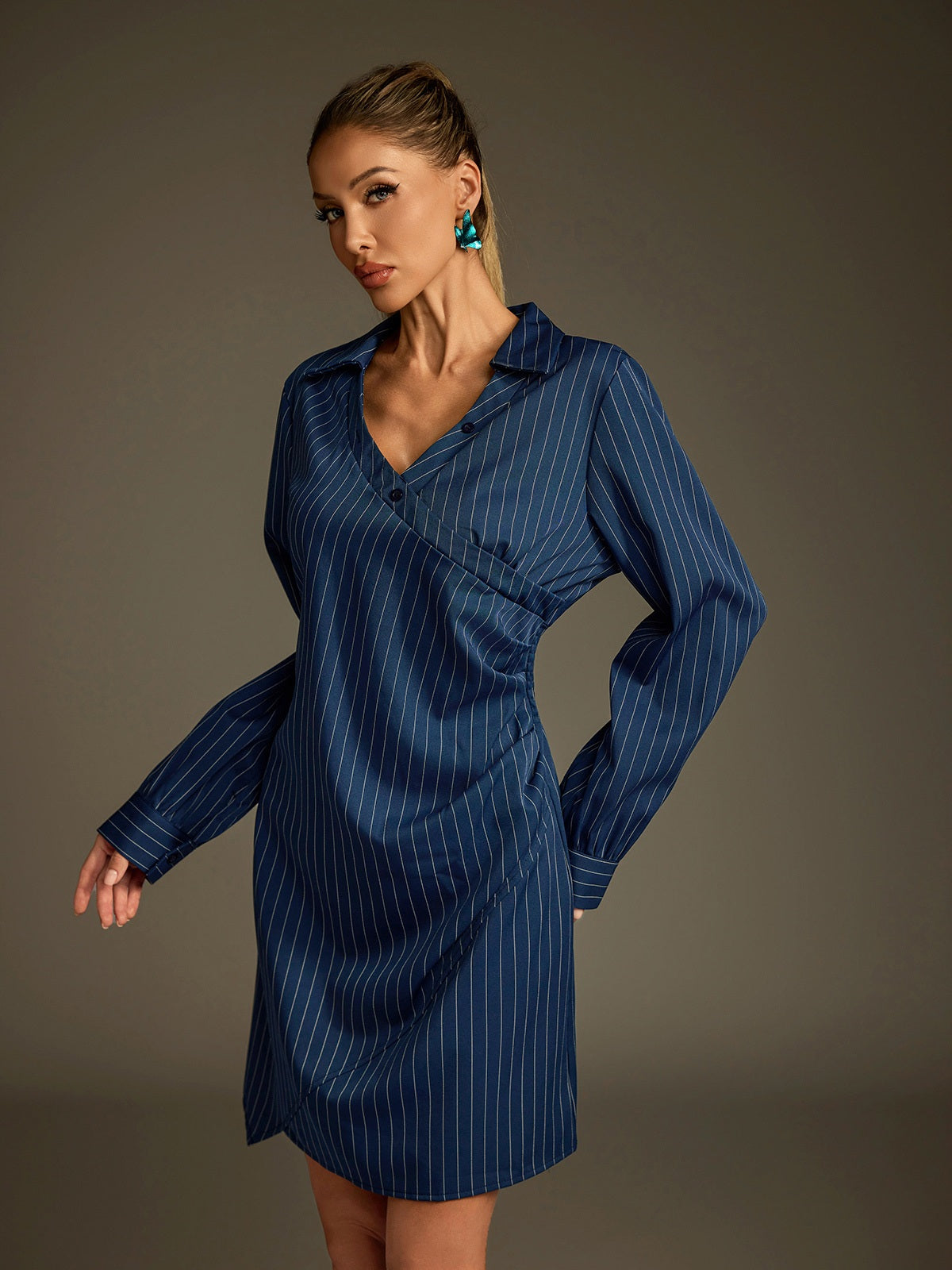 Dunite Folded Collar Stripe Mini Shirt Dress