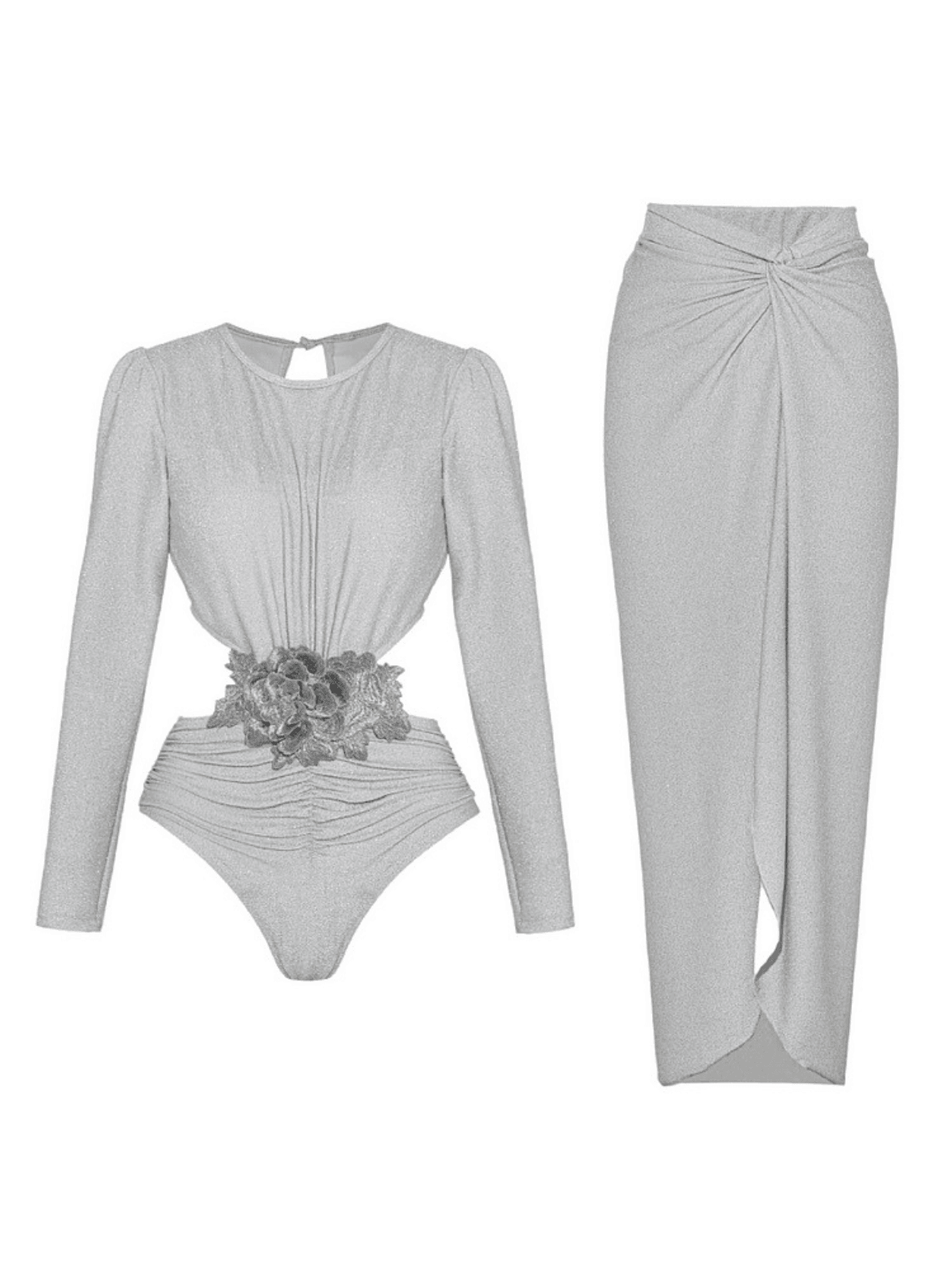 Duru Long Sleeve Flower Swimwear Two Piece Set in Grey featuring a vibrant flower print, perfect for beach outings.