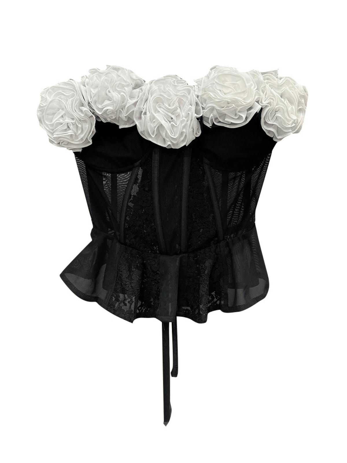 Duska Flower Lacing Mesh Top in black with floral lace detailing and a stylish lacing design, perfect for a chic wardrobe upgrade.
