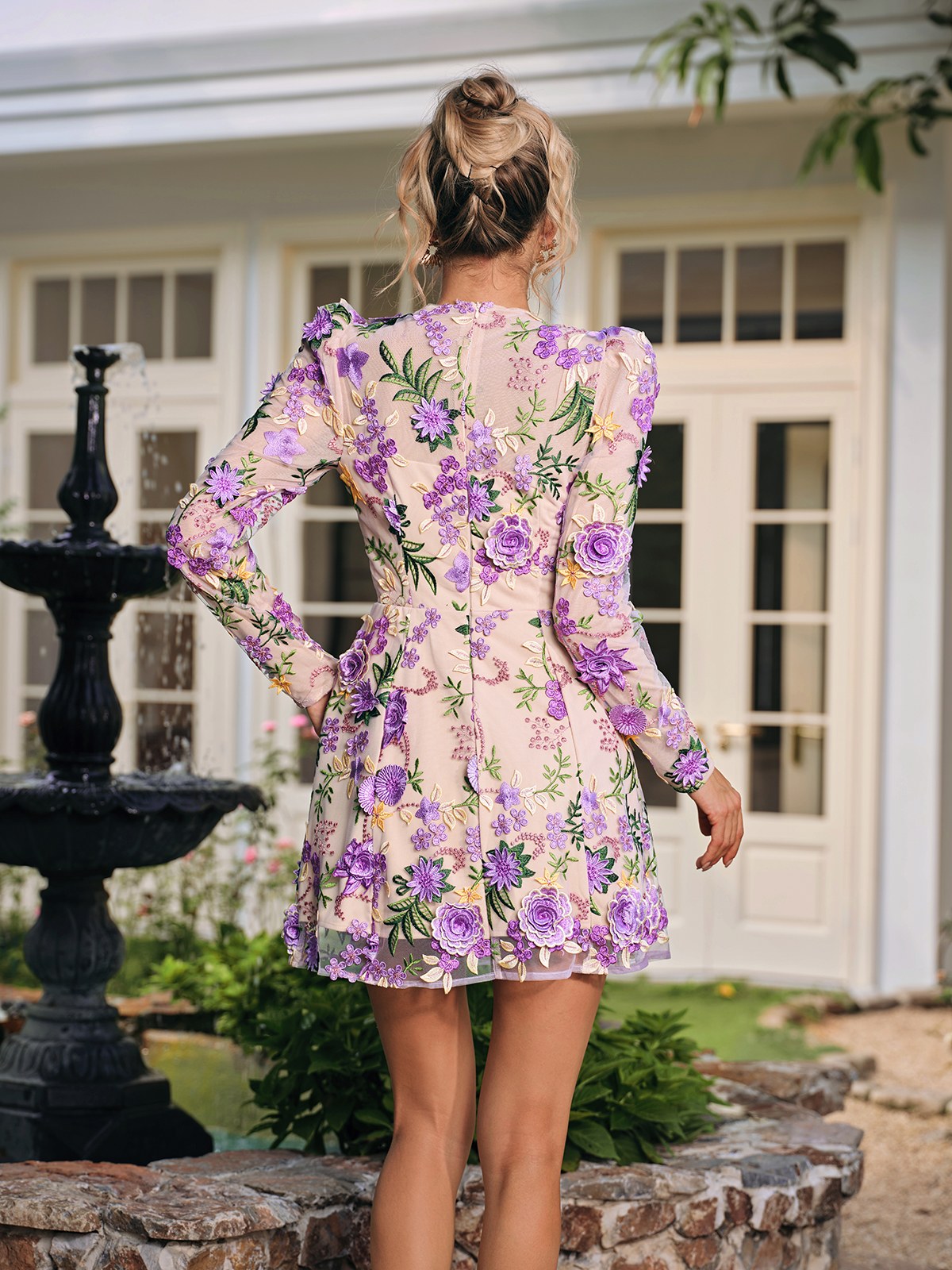 Duskel Flower Embroidered Mini Dress In Purple