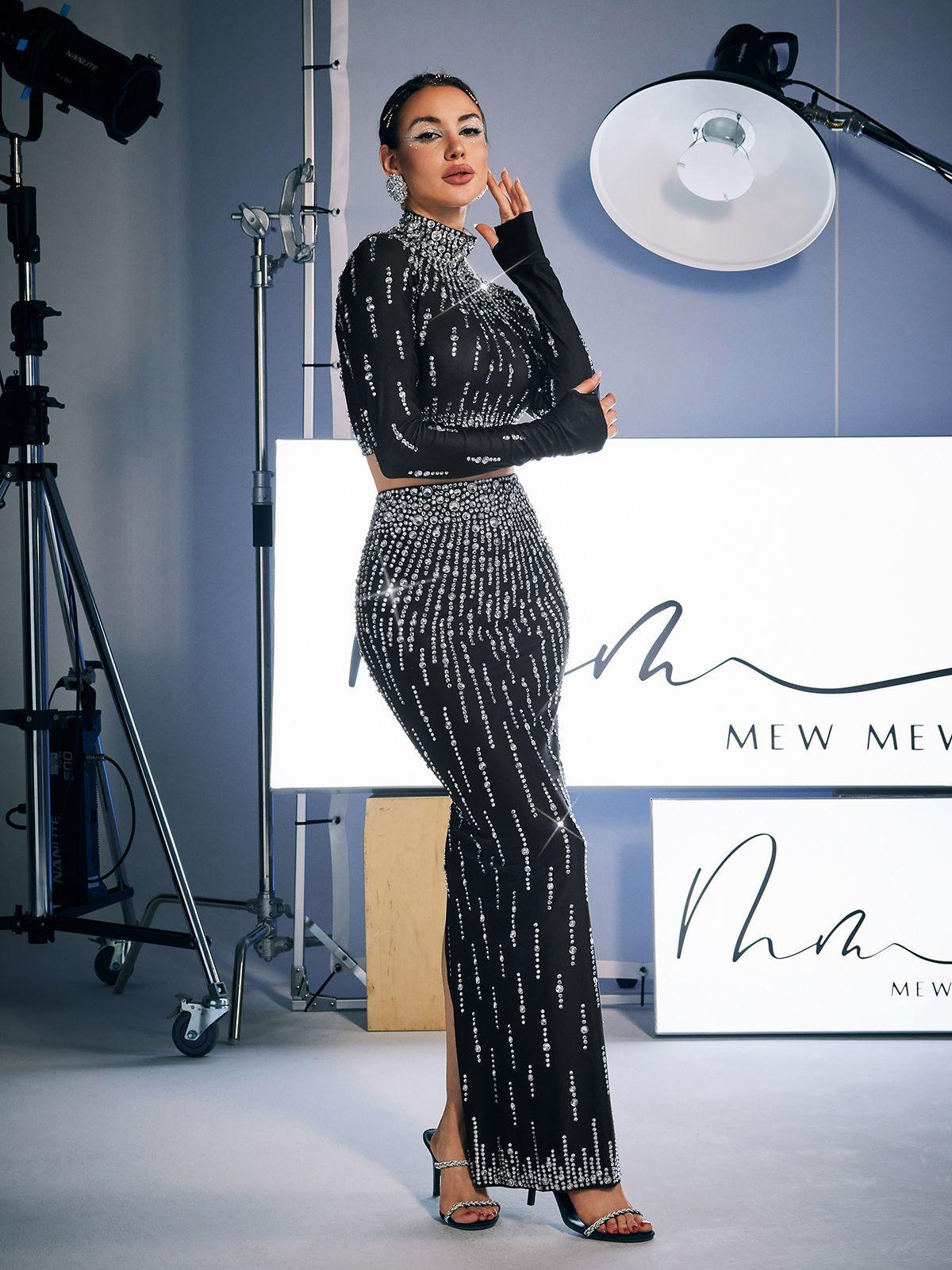 Dutton High Waist Rhinestone Skirt Set showcasing chic black design with stunning embellishments for elegant evenings.