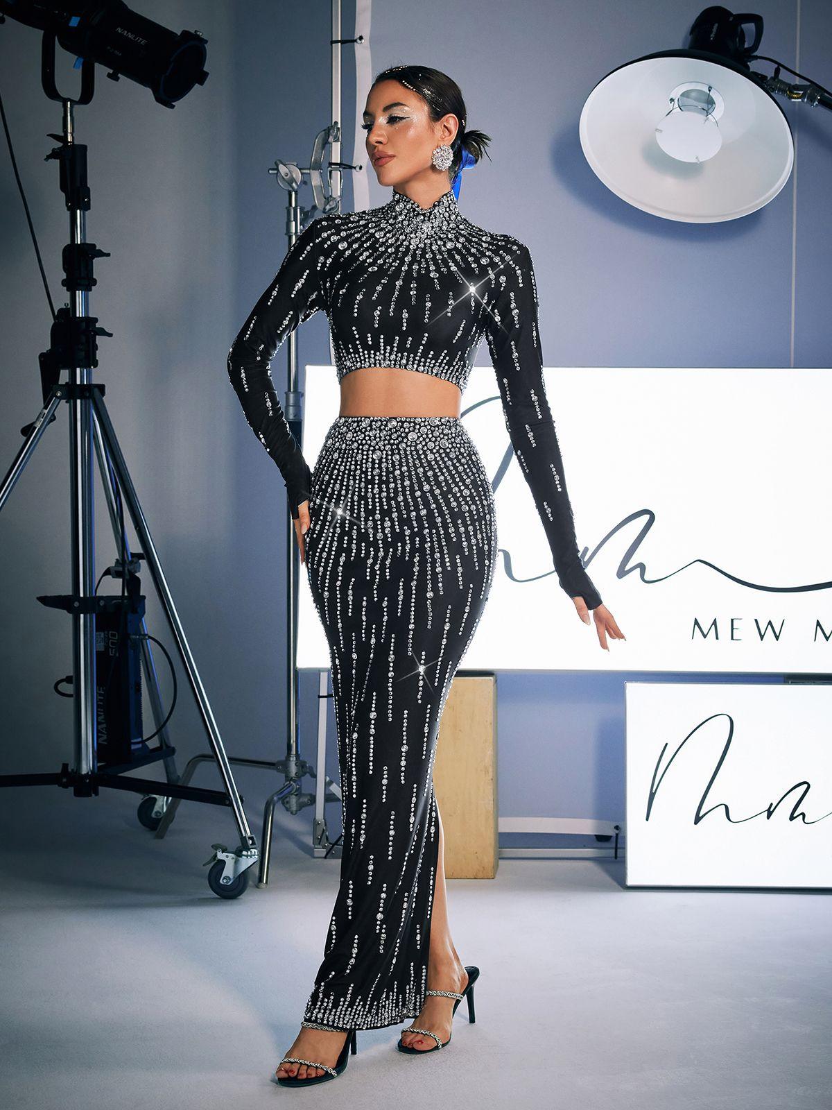 Dutton High Waist Rhinestone Skirt Set showcasing chic black design with stunning embellishments for elegant evenings.