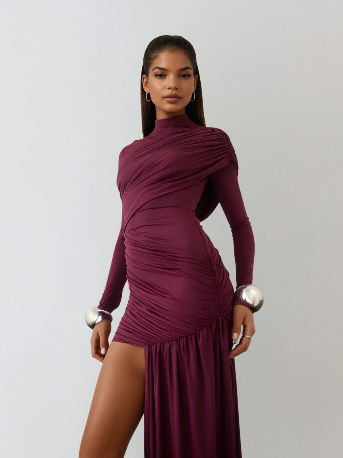 Dyhedra Long Sleeve Draped Ruched Mini Dress