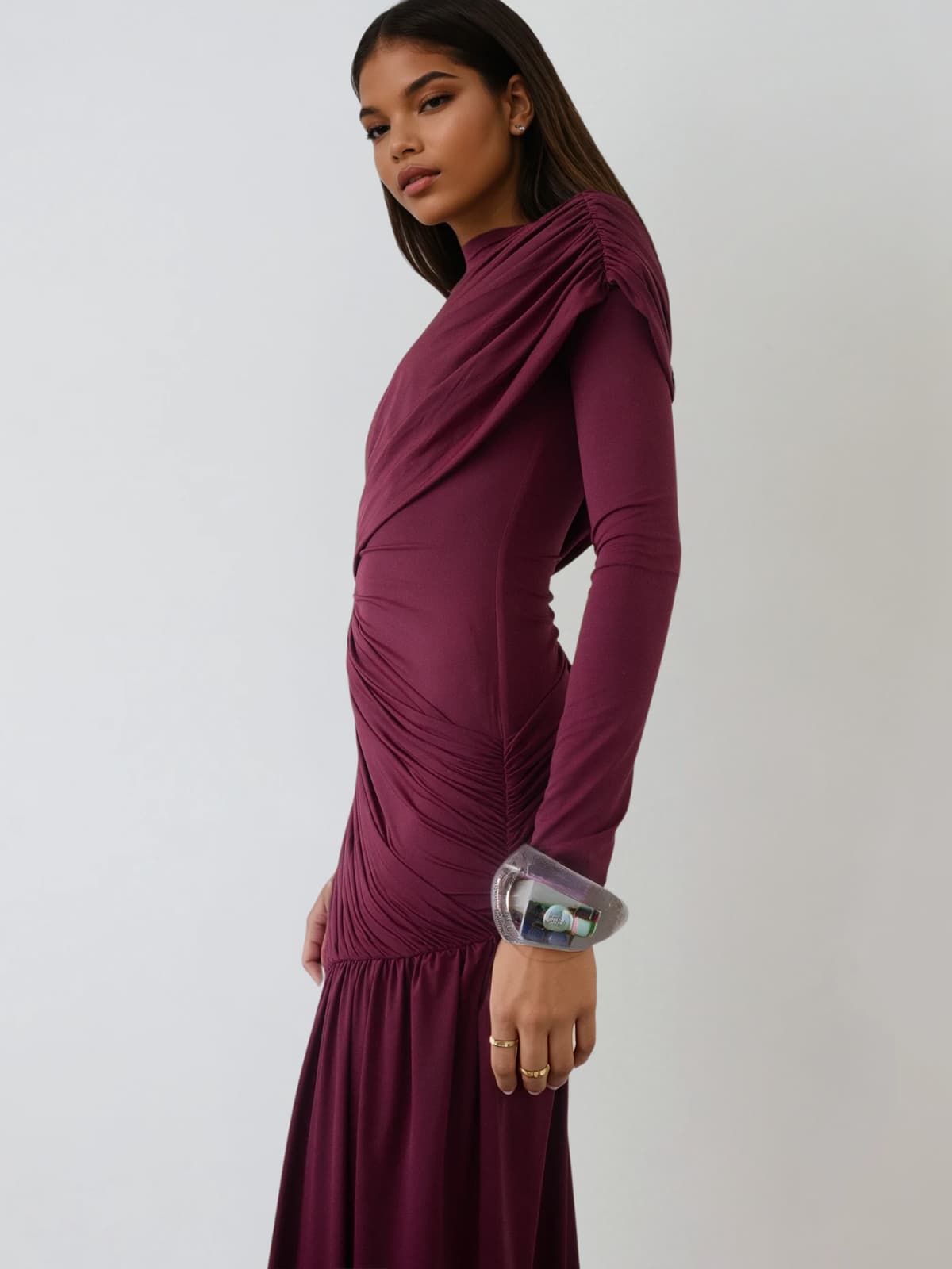 Dyhedra Long Sleeve Draped Ruched Mini Dress