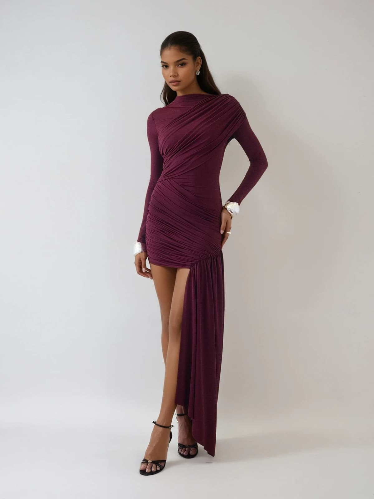 Dyhedra Long Sleeve Draped Ruched Mini Dress