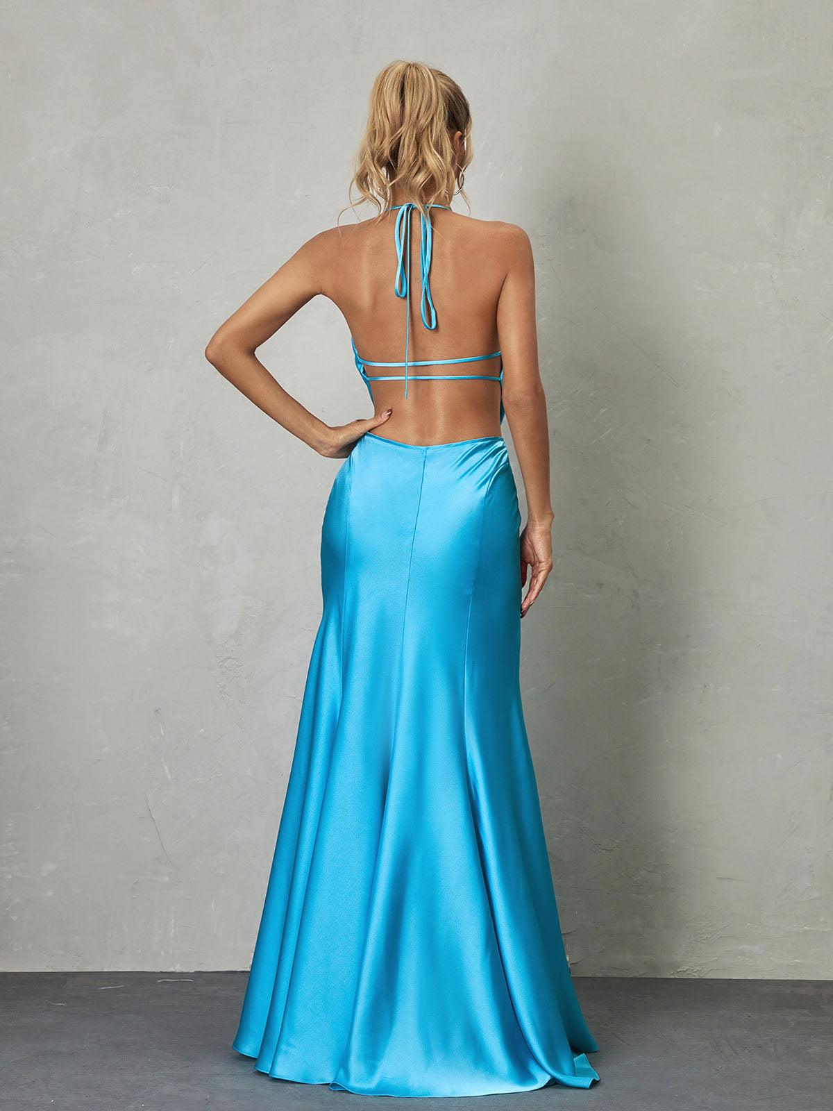 Dymphna Draped Neck Satin Maxi Dress in blue, showcasing a flattering draped neckline and flowing silhouette, ideal for elegant summer occasions.