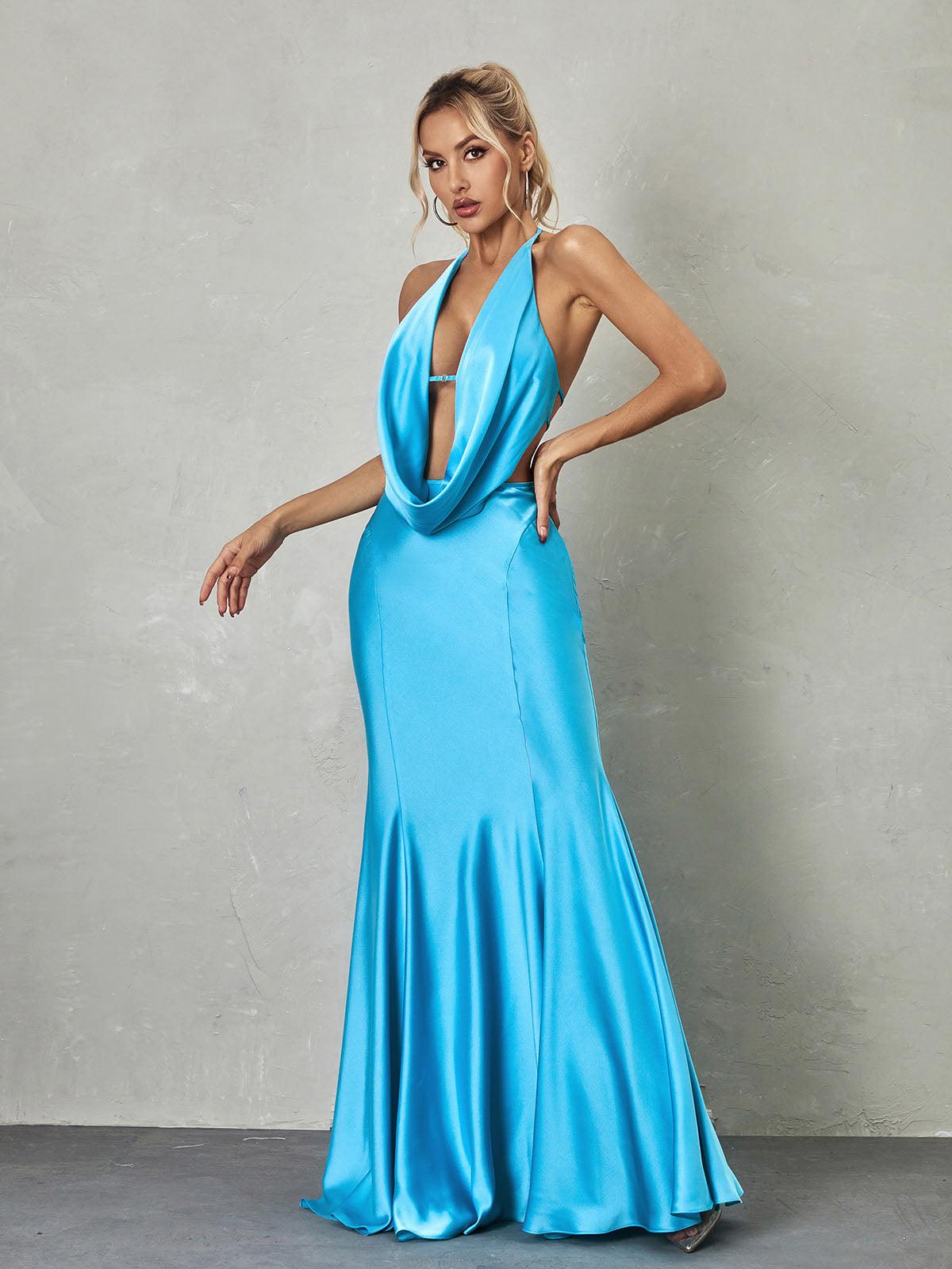 Dymphna Draped Neck Satin Maxi Dress in blue, showcasing a flattering draped neckline and flowing silhouette, ideal for elegant summer occasions.