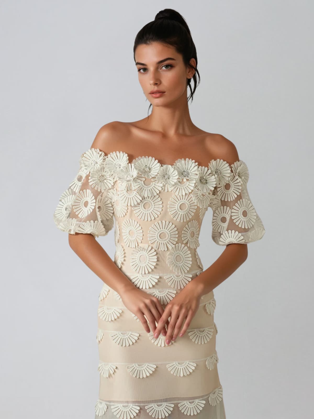 Dynamis Off Shoulder Flower Mesh Midi Dress