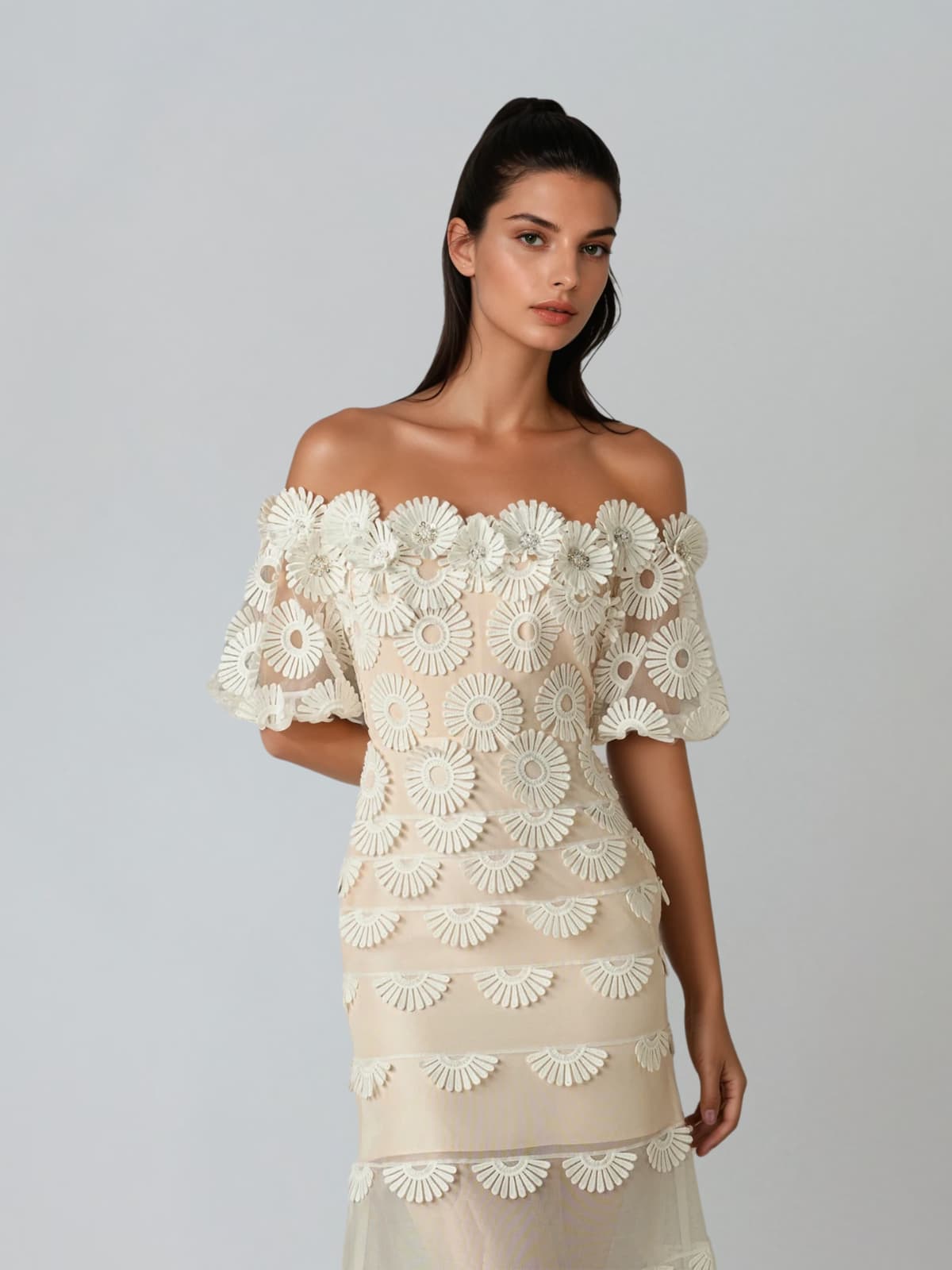 Dynamis Off Shoulder Flower Mesh Midi Dress