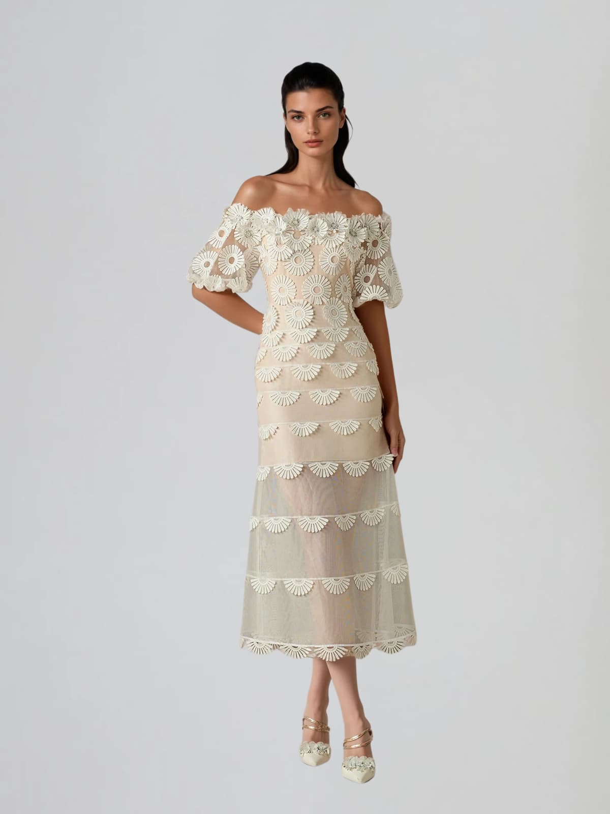 Dynamis Off Shoulder Flower Mesh Midi Dress