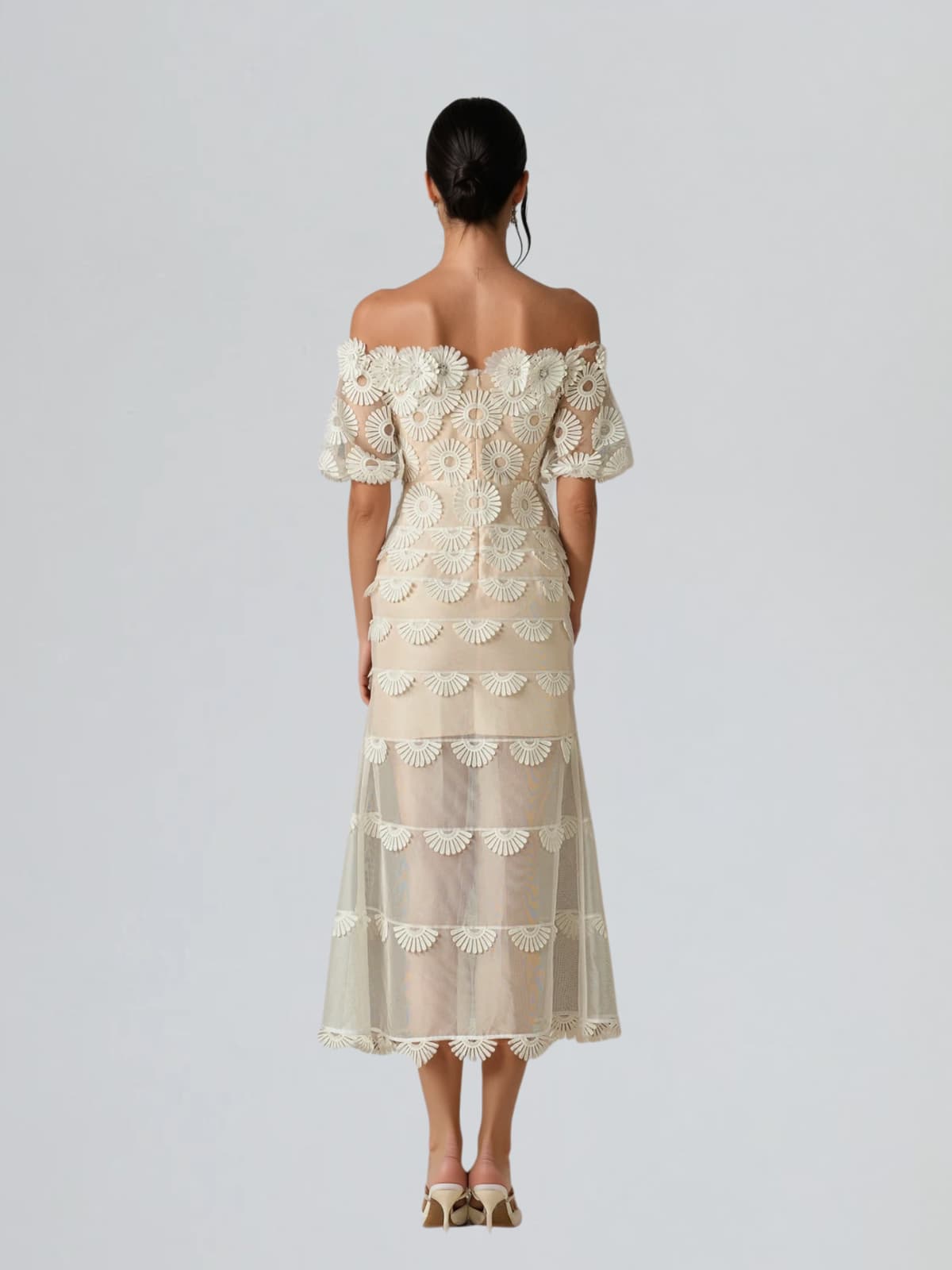 Dynamis Off Shoulder Flower Mesh Midi Dress